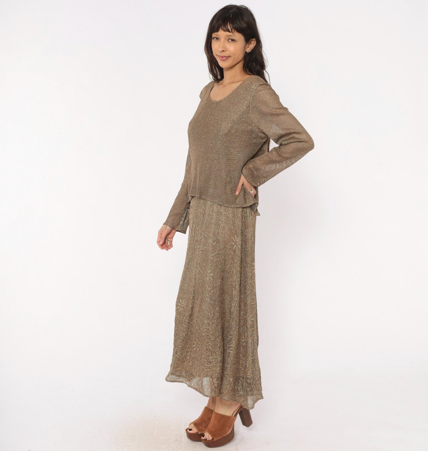 90s Onyx Nite Bronze Metallic Floral Lace Maxi Dress Long Sleeve Large L