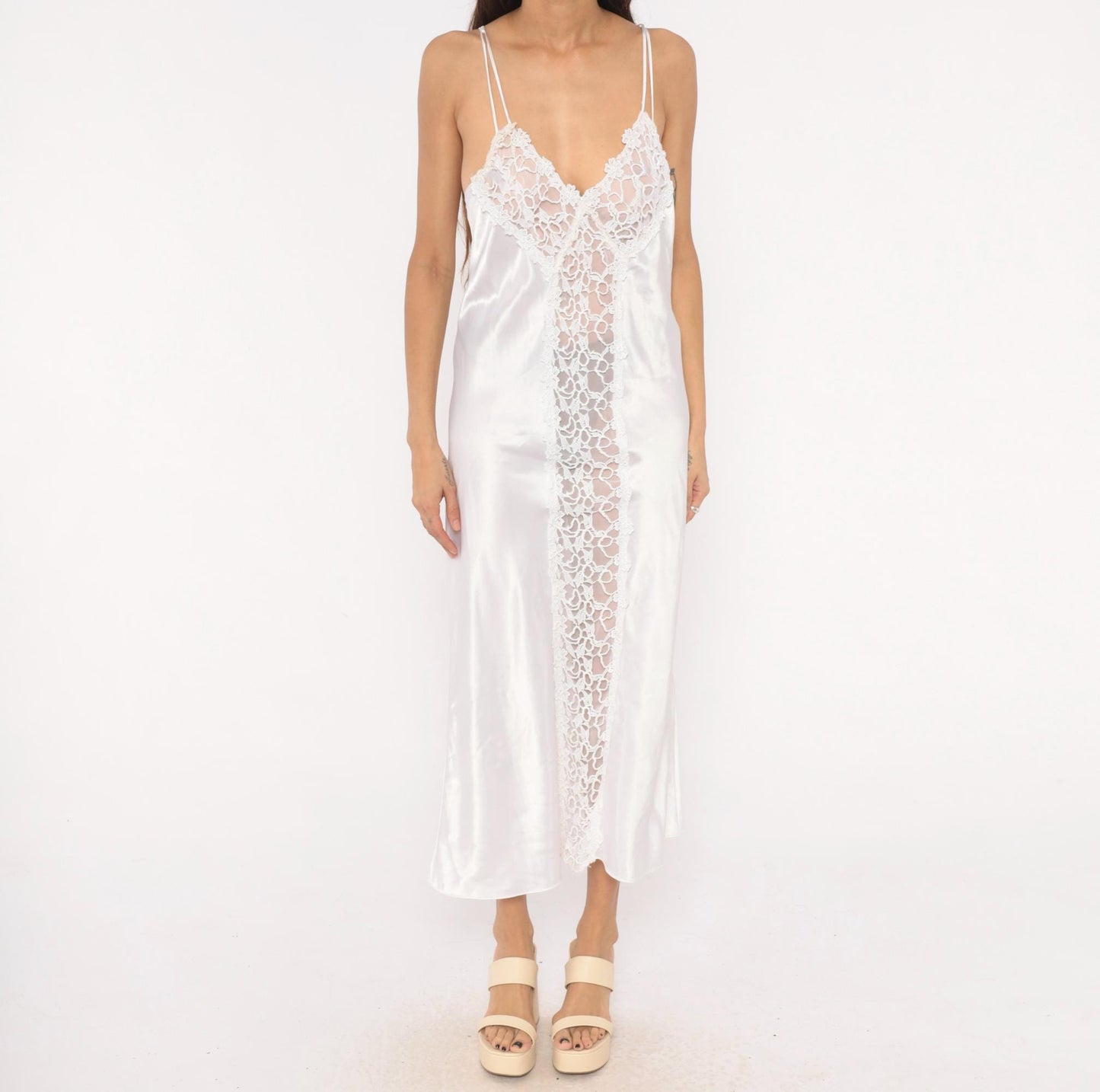 90s Just Flora White Satin Slip Dress Maxi Lace Panel Croquette Lingerie Large L