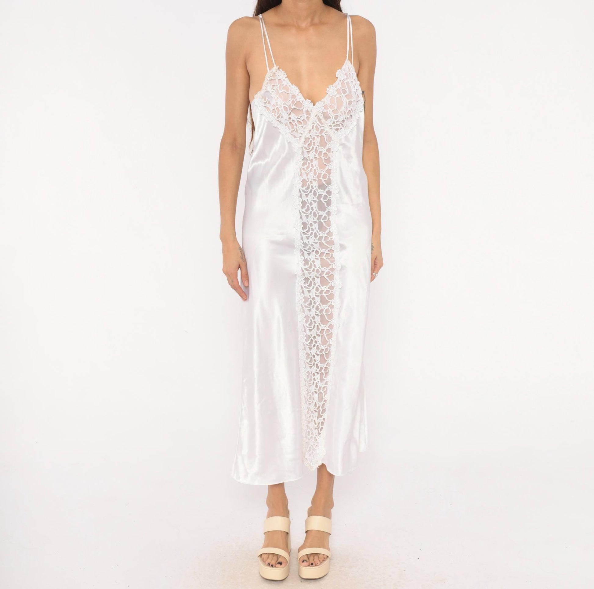 90s Just Flora White Satin Slip Dress Maxi Lace Panel Croquette Lingerie Large L