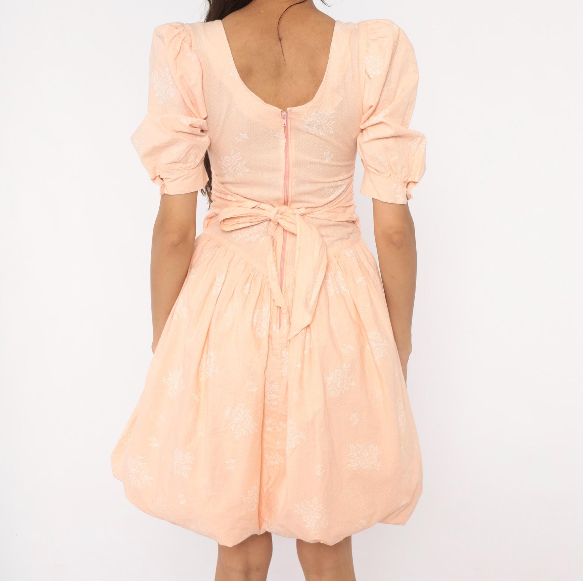 80s J.B.Xpress Puff Sleeve Mini Dress Peach Floral Cotton Basque Waist Extra Small XS