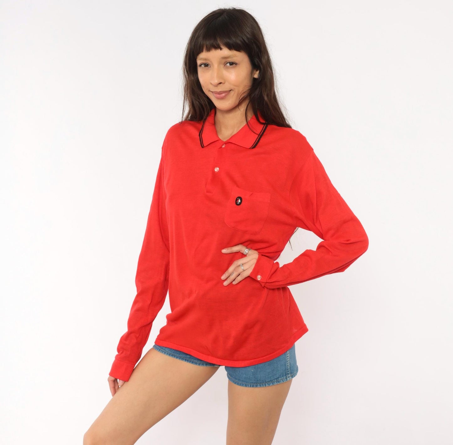 70s Red Polo Shirt Long Sleeve Black Tipped Collar Snap Button Knit Large L