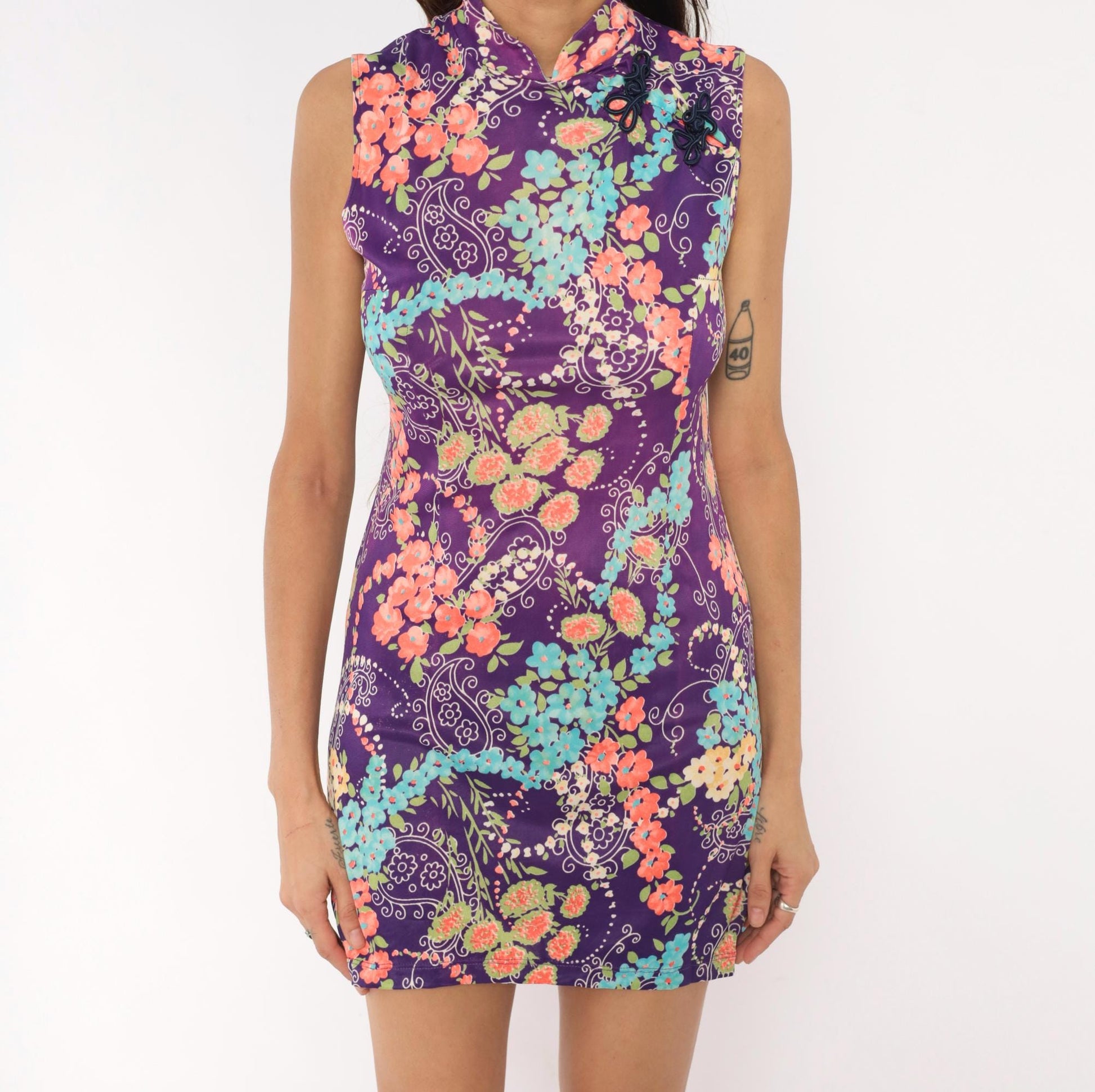 70s Purple Floral Cheongsam Mini Dress Mandarin Collar Frog Closure XS