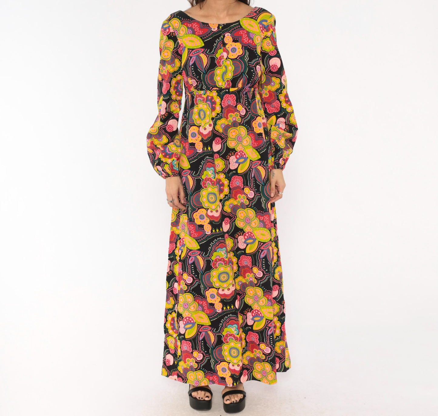 70s Psychedelic Floral Maxi Dress Black Pink Open Back Empire Waist Medium Large