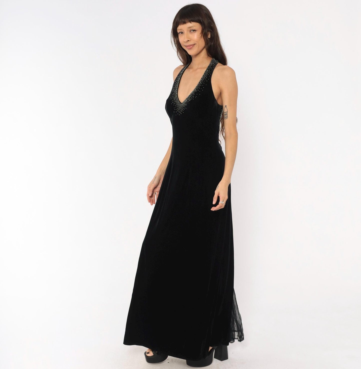 90s Dave & Johnny Black Velvet Halter Maxi Gown Rhinestone Open Back Large L