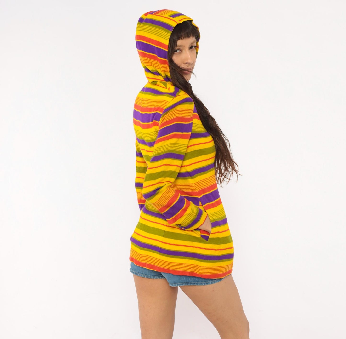 70s Striped Hooded Jacket Multicolor Rainbow Button Front Extra Small