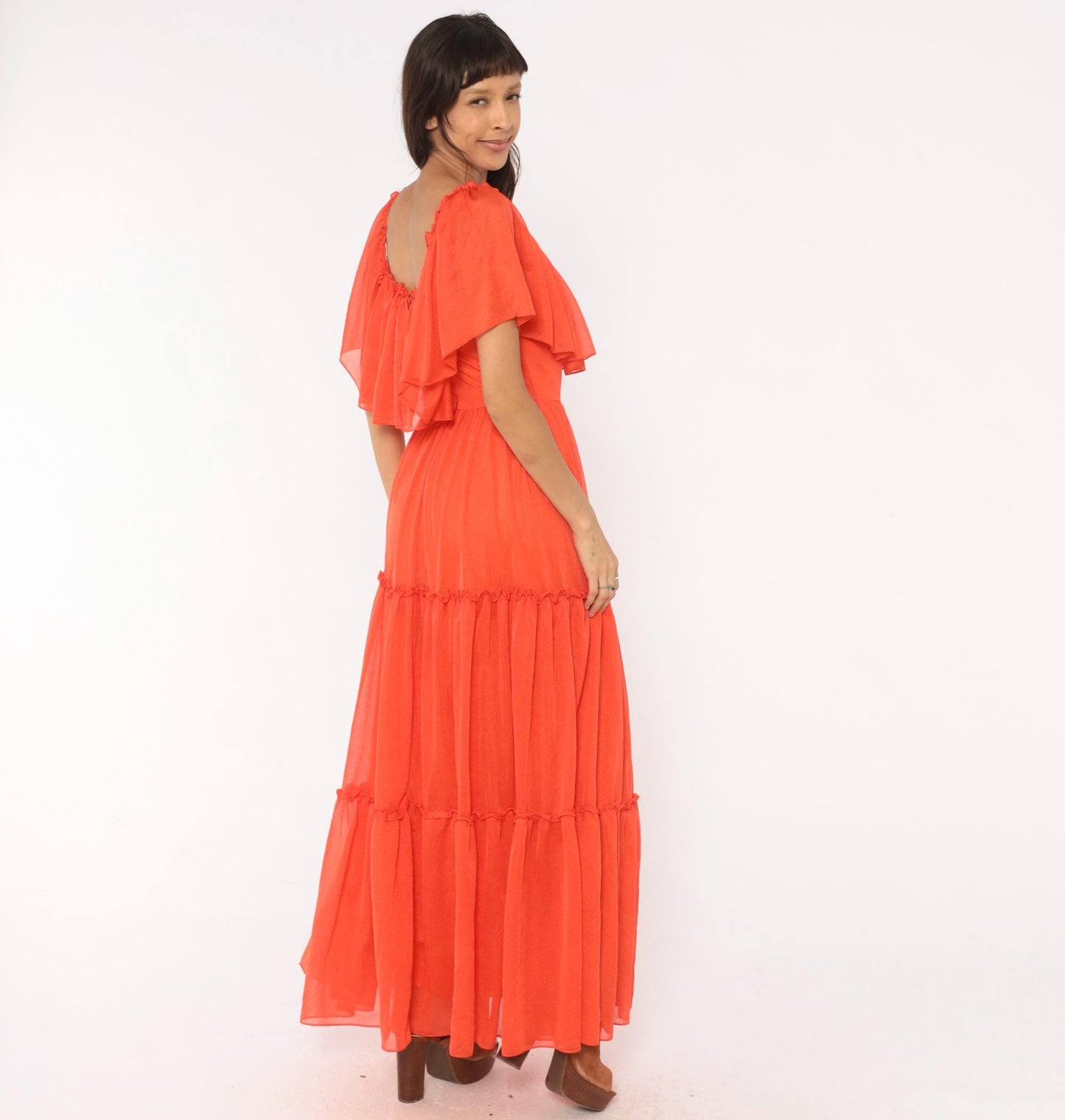 70s Coral Orange Maxi Dress Tiered Ruffle Cape Flutter Sleeve Small
