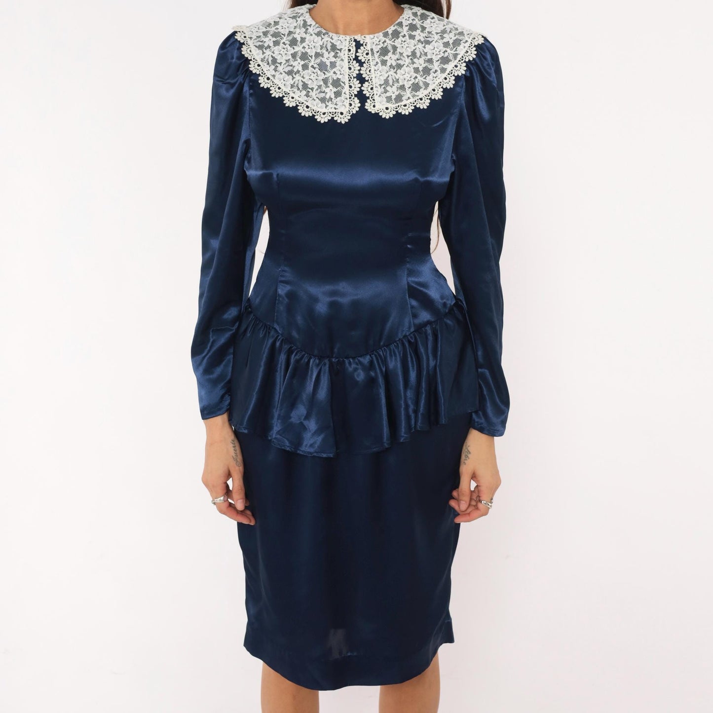 80s Navy Satin Peplum Dress Lace Collar Puff Shoulder Knee Length Small