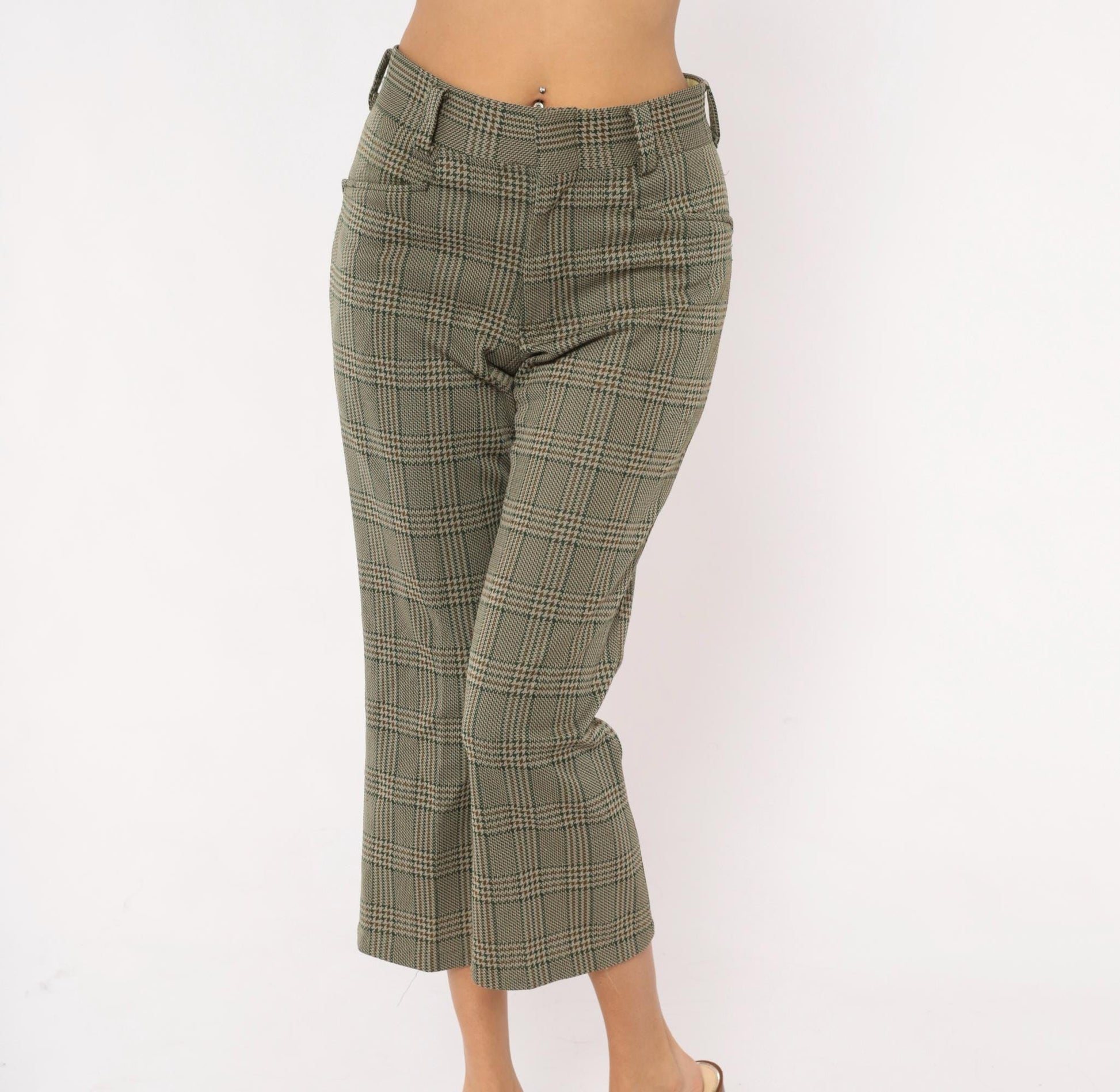 70s Chess Man Glen Plaid Cropped Flare Trousers Olive Tan Extra Small XS