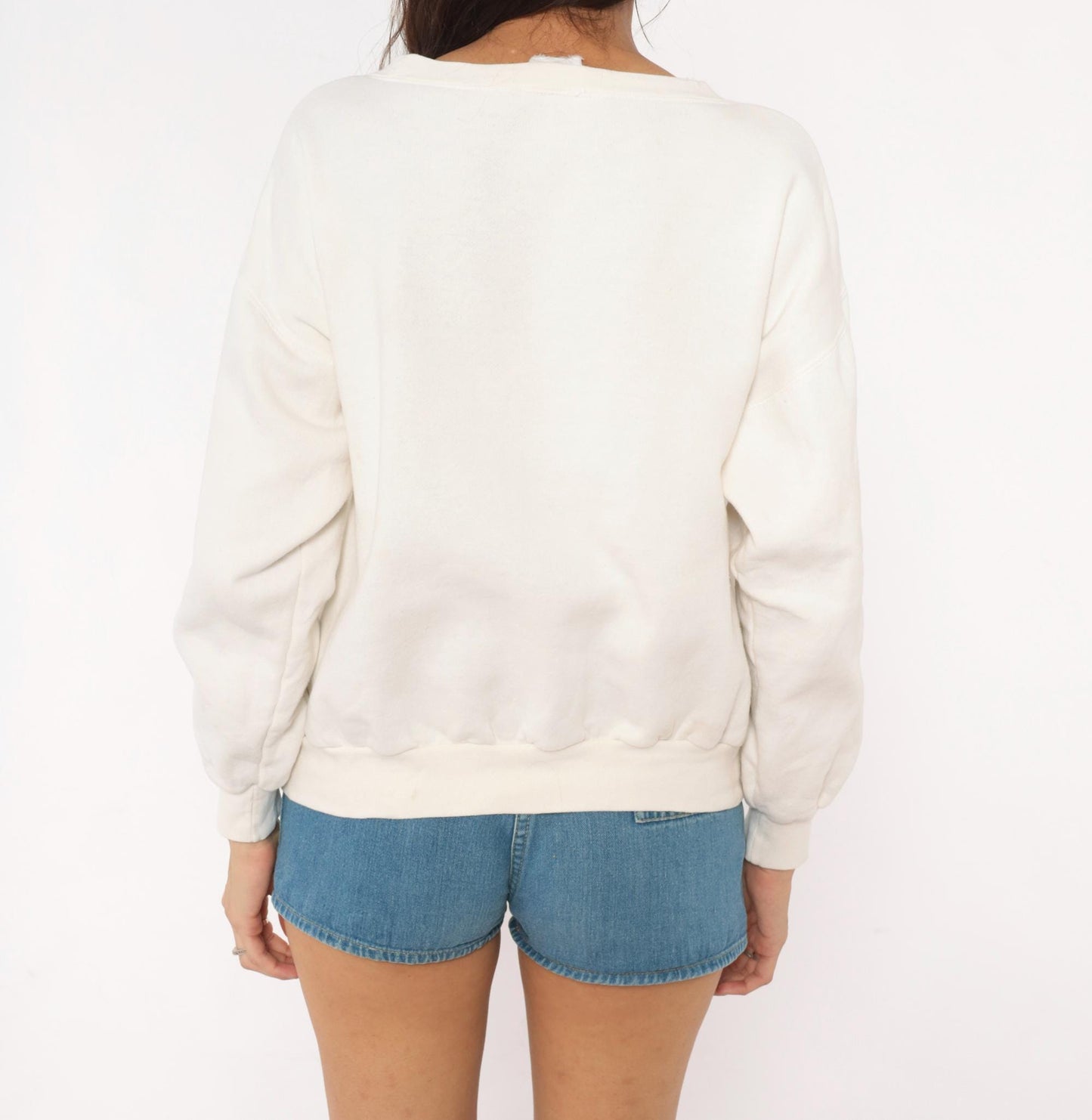 90s Russ Floral Wreath Embroidered Sweatshirt Cream Cotton Crewneck Medium M