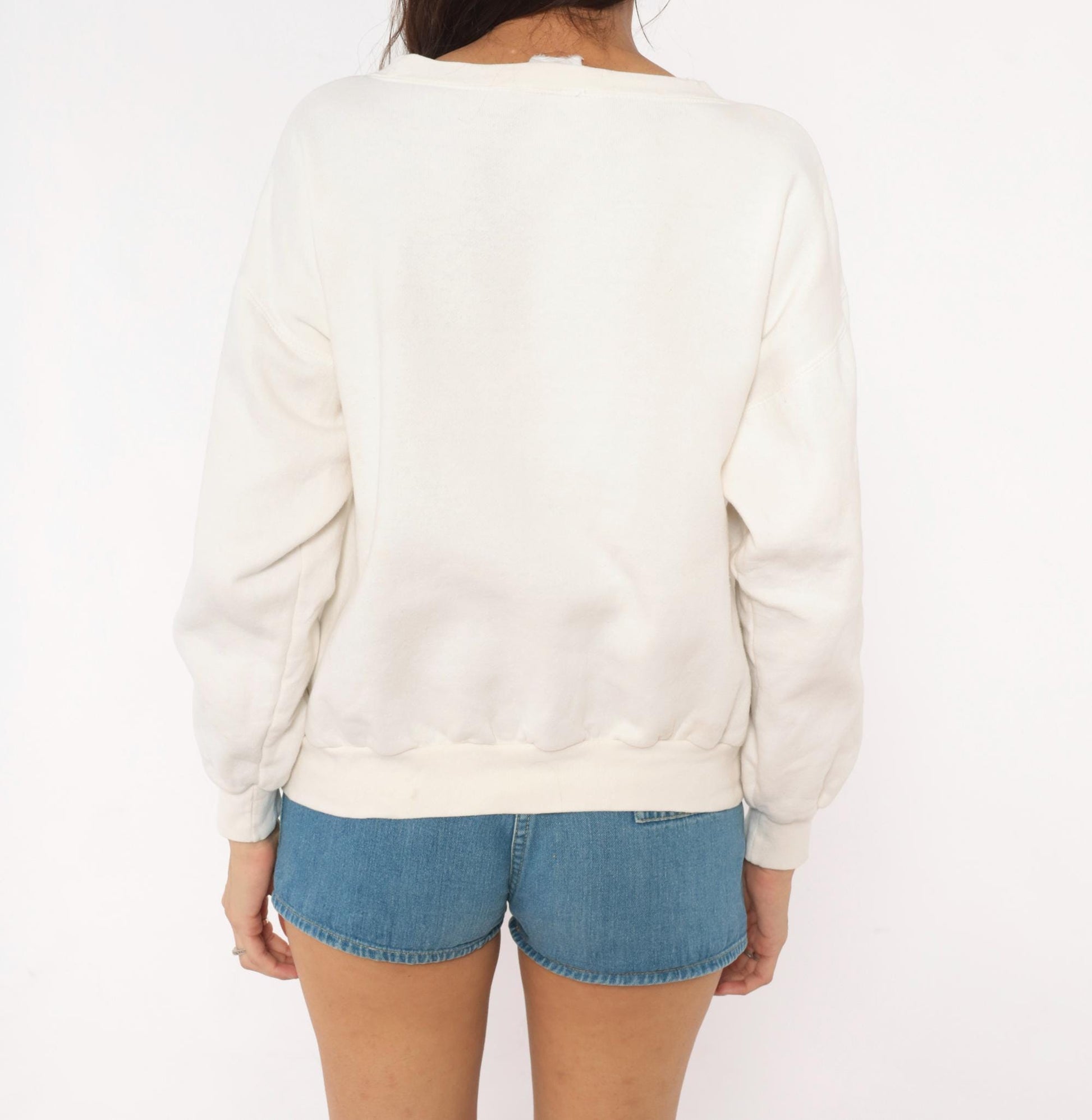 90s Russ Floral Wreath Embroidered Sweatshirt Cream Cotton Crewneck Medium M