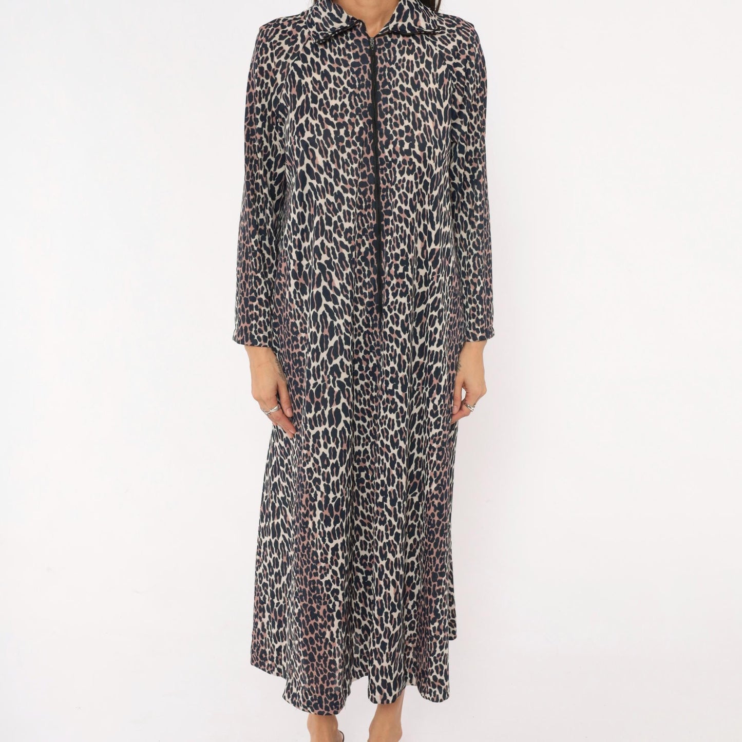 70s Leopard Print Maxi Dress Zip Front Collared A-Line Cream Brown Medium Large