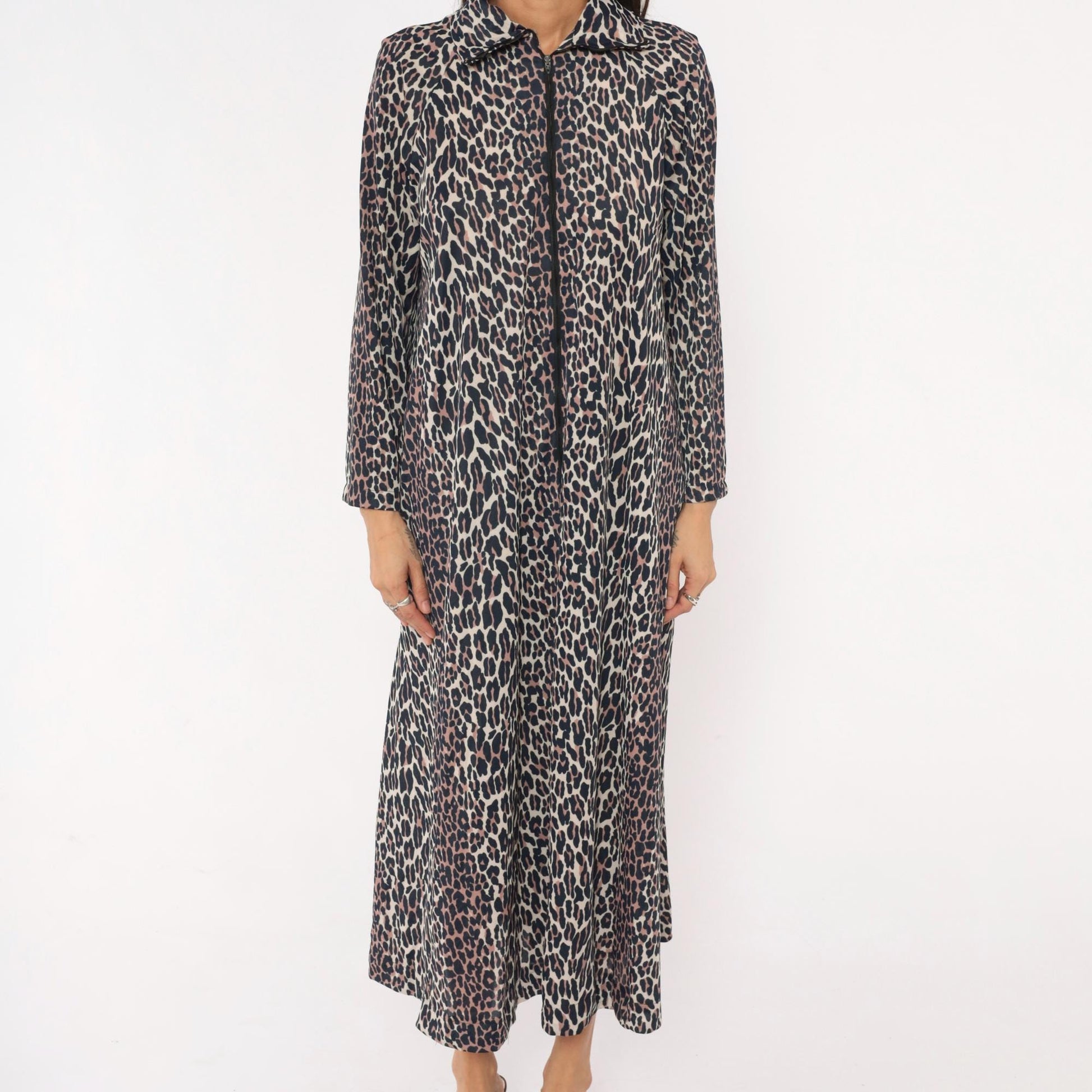 70s Leopard Print Maxi Dress Zip Front Collared A-Line Cream Brown Medium Large