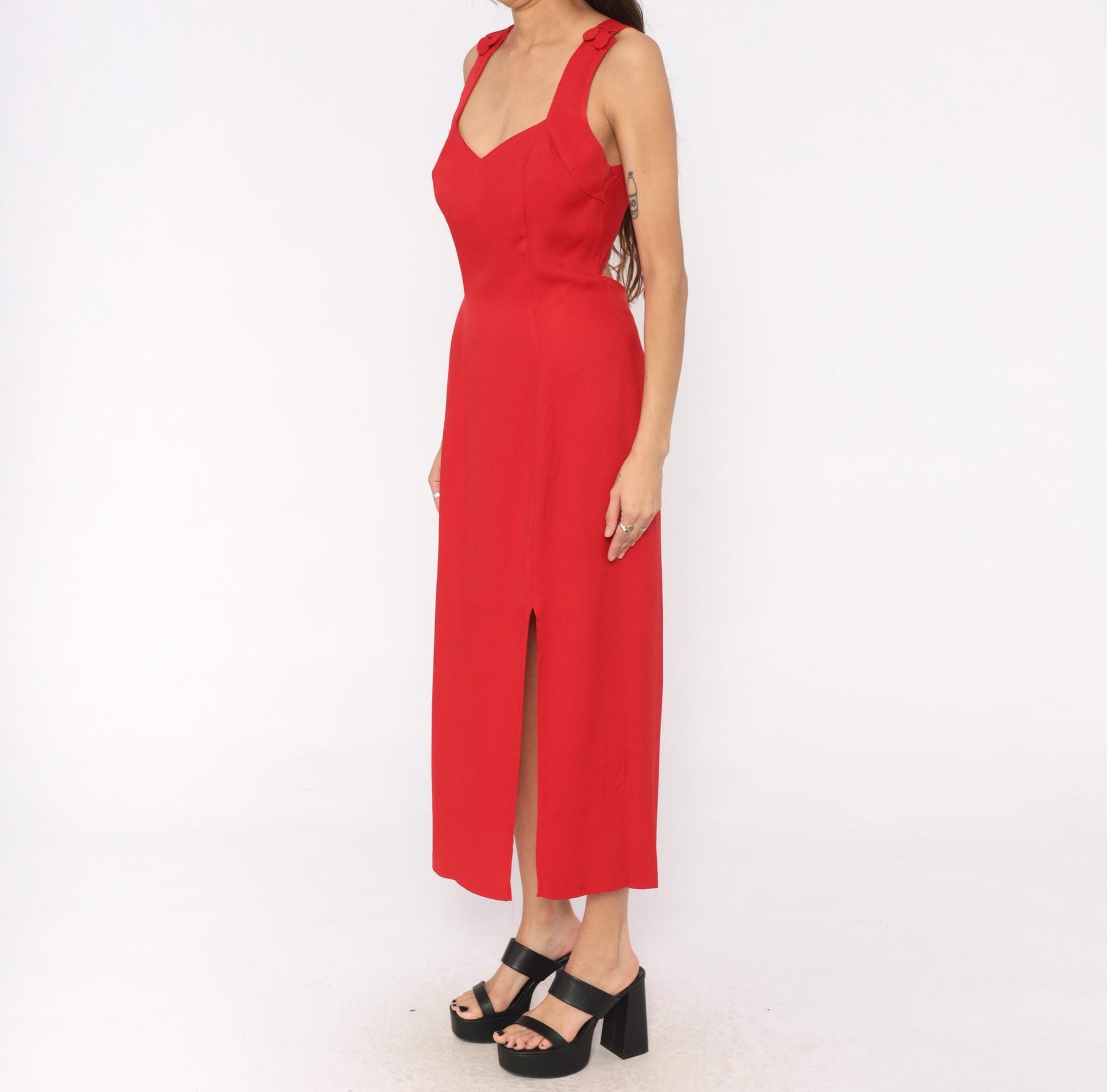 90s Red Midi Dress Sweetheart Neckline Crossback Open Back Medium Large