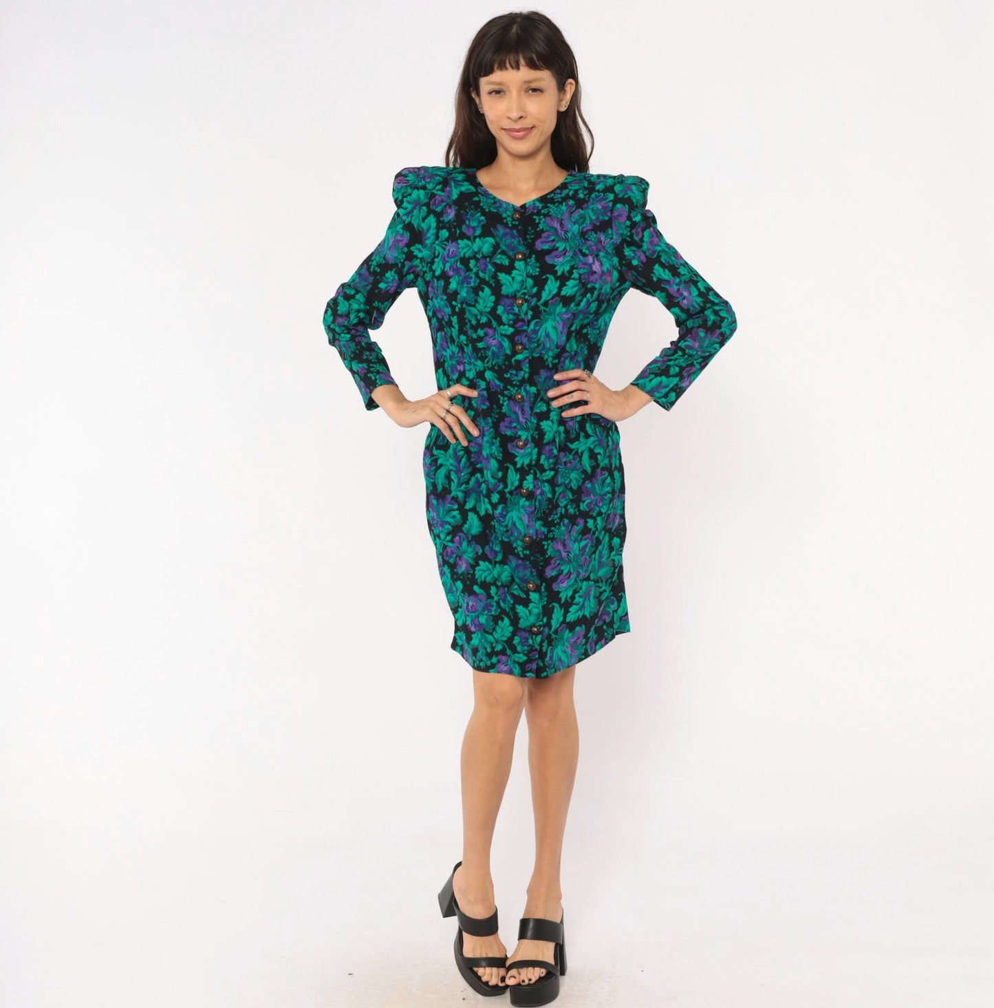 90s Petite Jazz Floral Button-Front Dress Teal Black Botanical Shoulder Pad Large