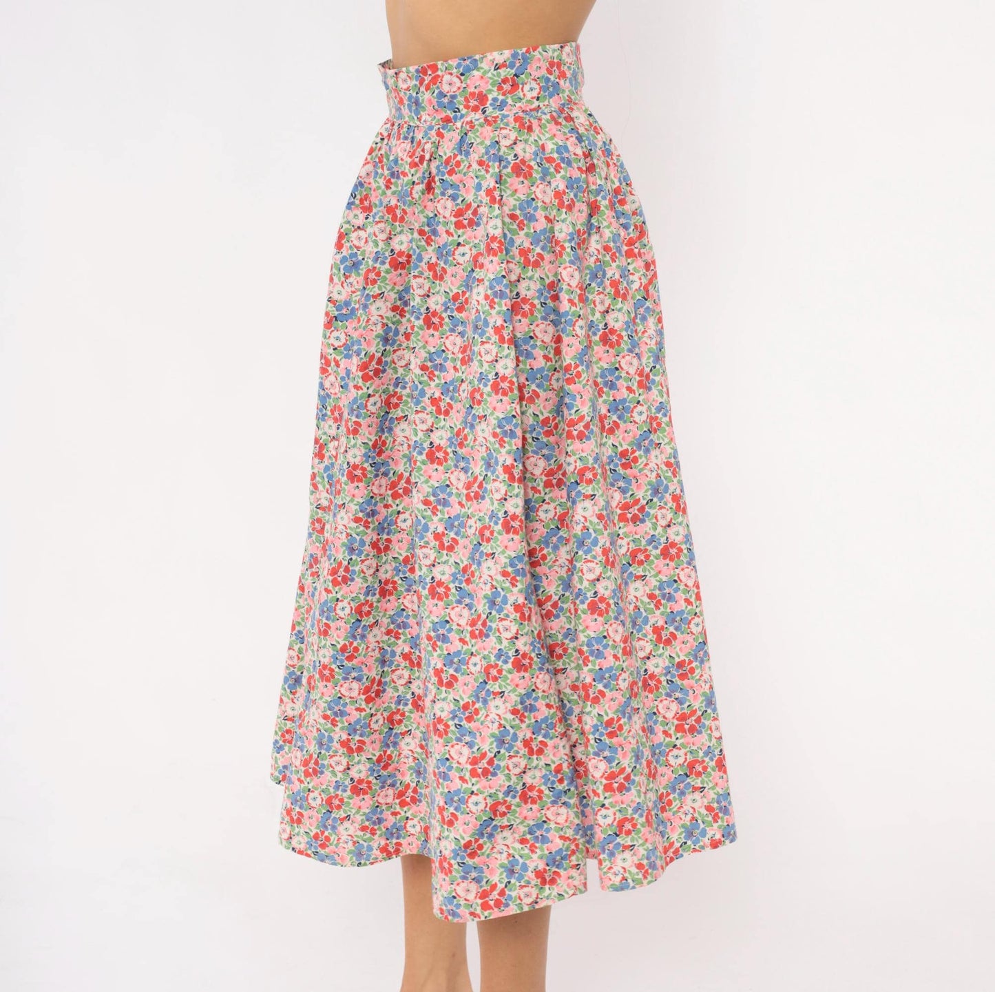 80s Floral Midi Skirt Pink Blue Calico Print High-Rise Pleated Small