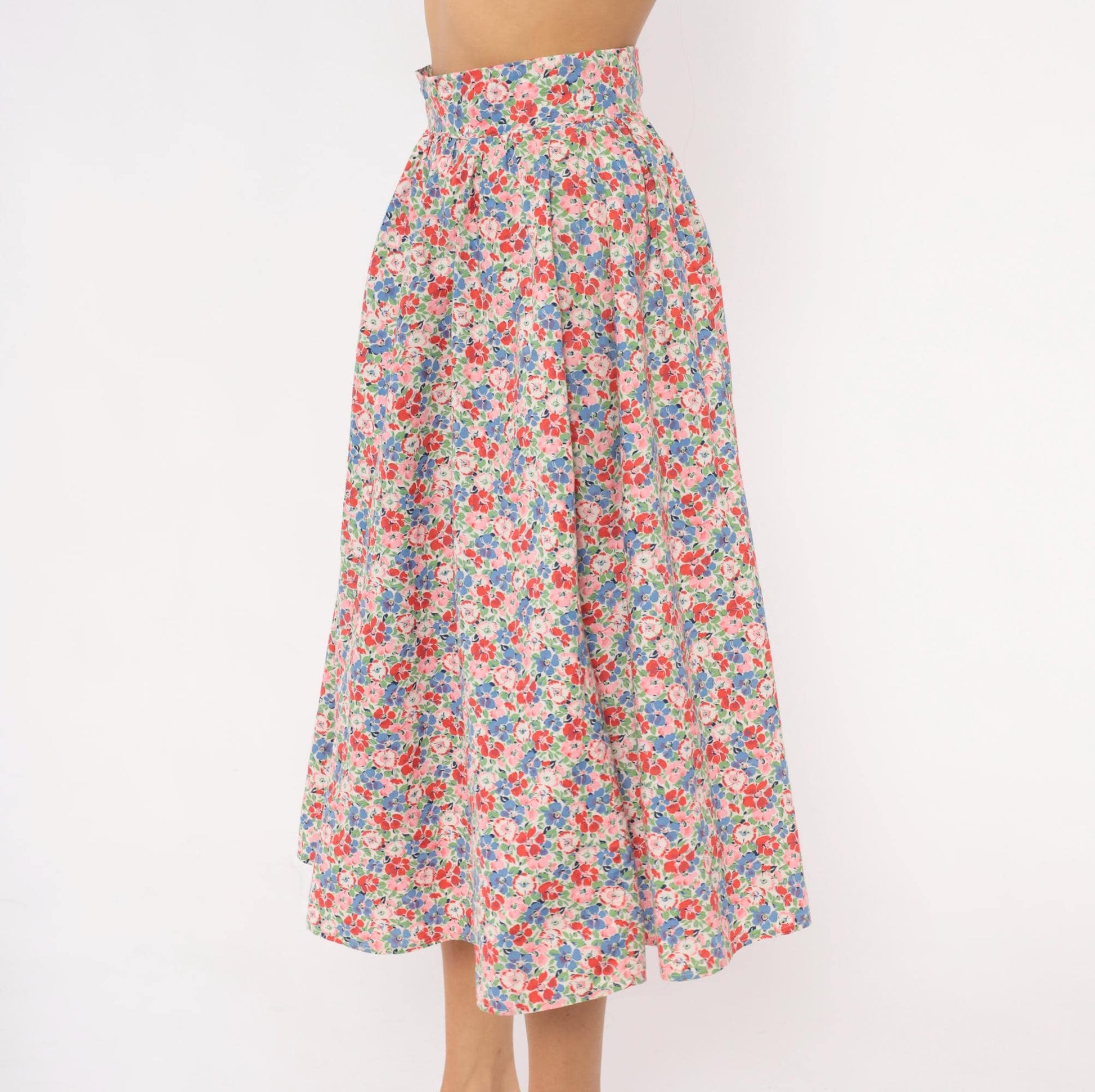 80s Floral Midi Skirt Pink Blue Calico Print High-Rise Pleated Small