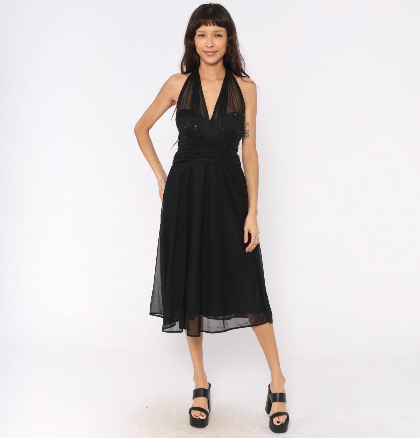 90s Black Halter Midi Dress Deep V Glitter Mesh Open Back Medium