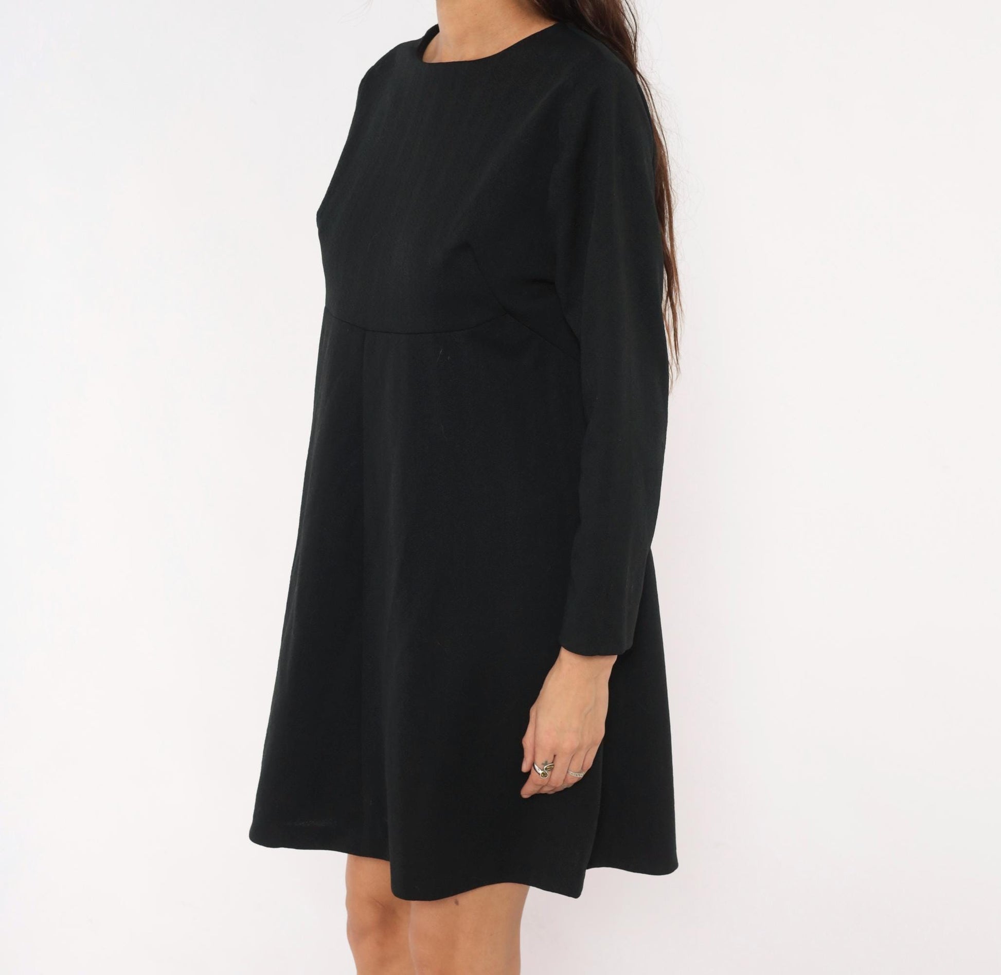 70s Black A-Line Dress Empire Waist Long Sleeve Round Neck Zip Back Large L