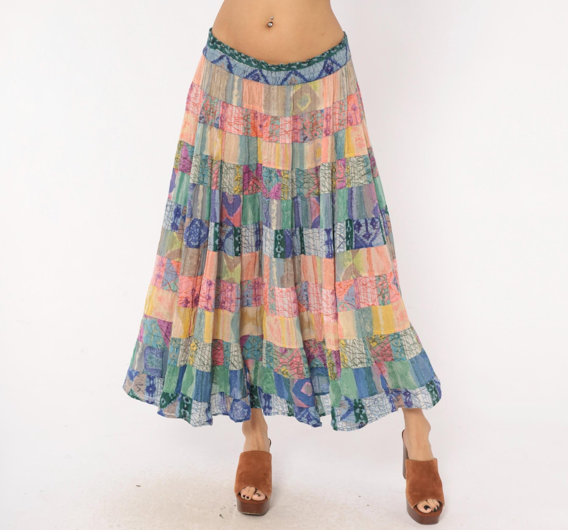 90s Bila California Patchwork Batik Maxi Skirt Tiered Gauze Large