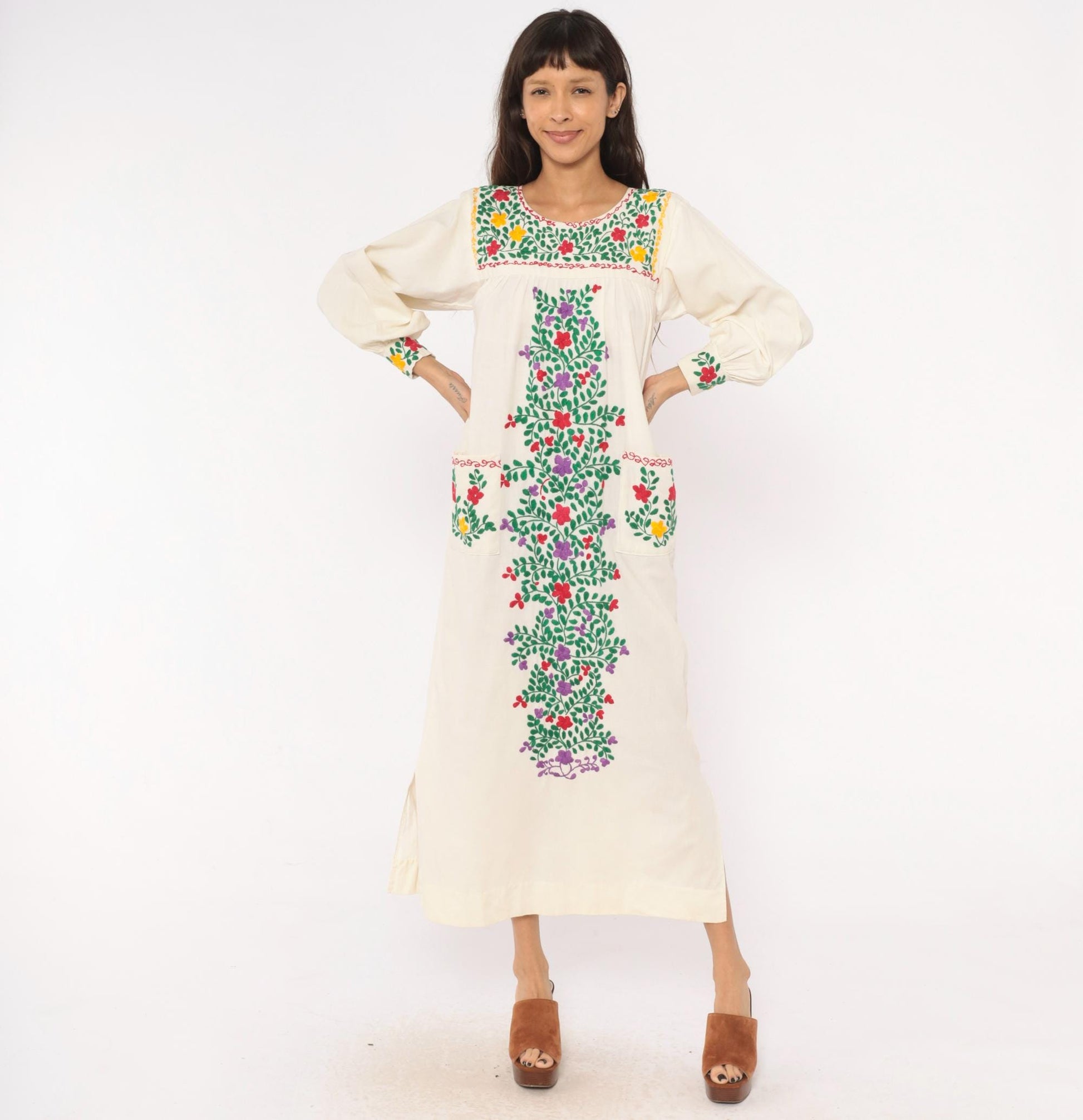 70s Embroidered Mexican Cotton Maxi Dress Floral Cream Long Sleeve Small