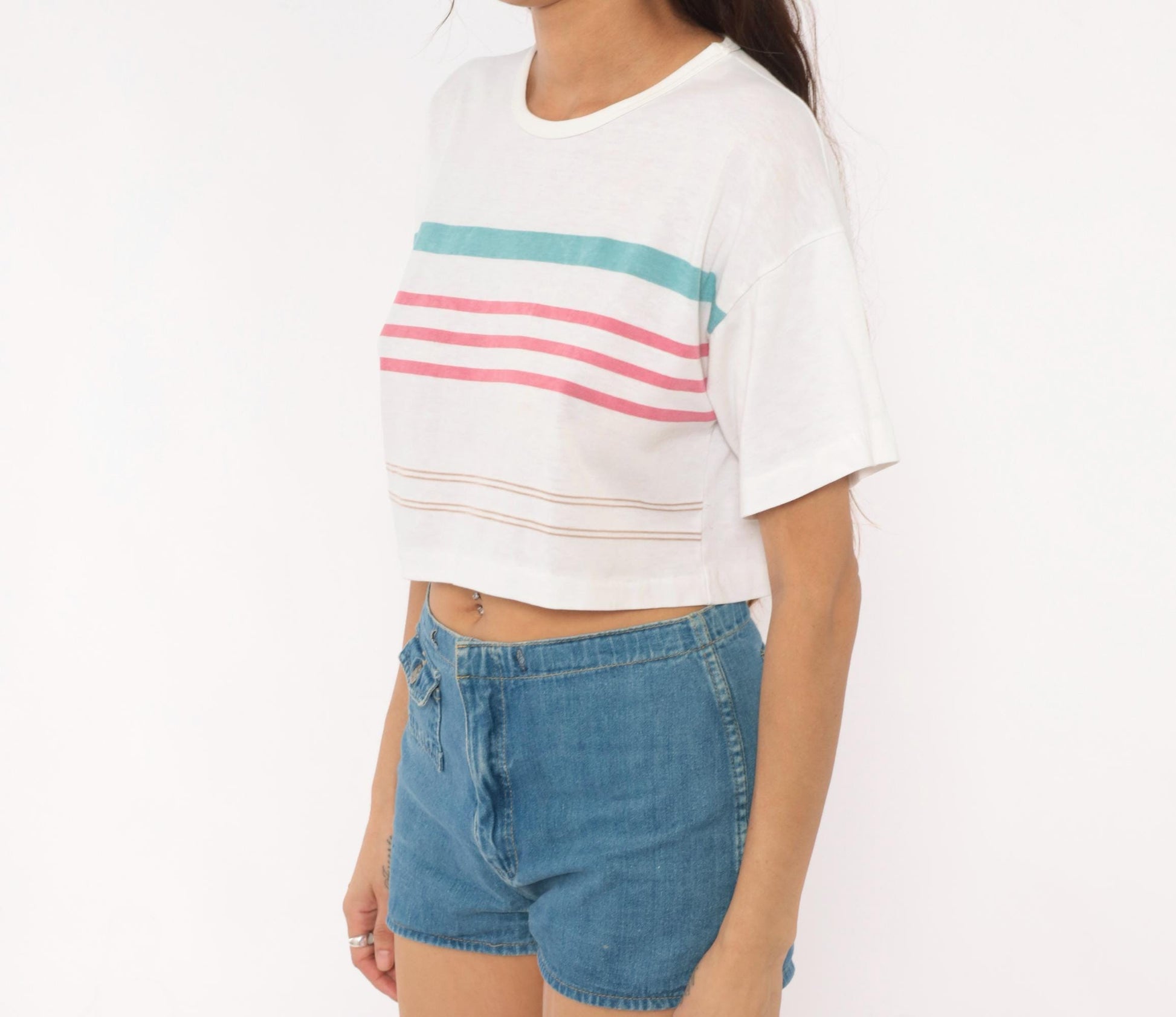 90s Striped Crop Top White Teal Pink Cotton Boxy Tee Small S