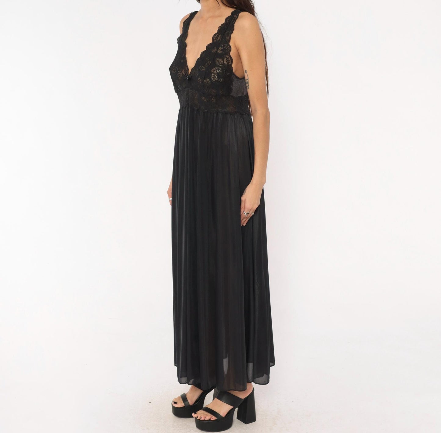 80s Shadowline Black Lace Maxi Nightgown Deep V Sheer Bodice Large L