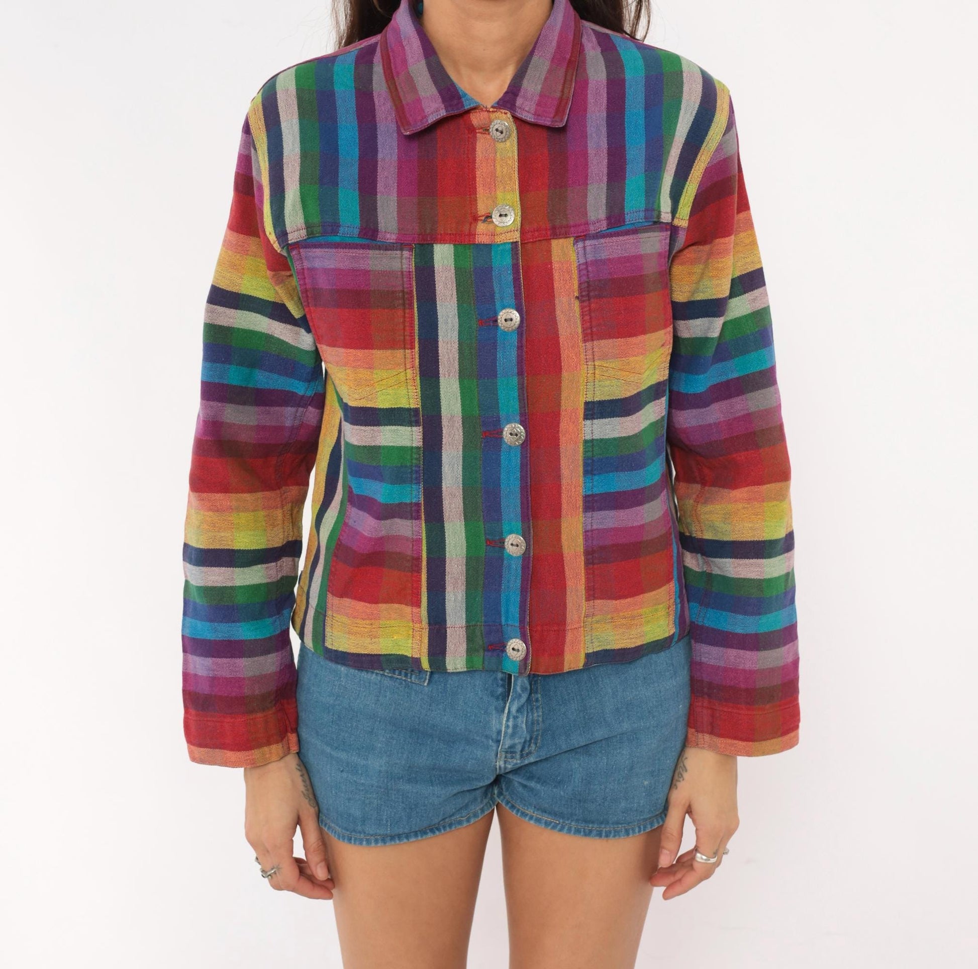Y2K Chico's Design Rainbow Plaid Cropped Jacket Cotton Small S