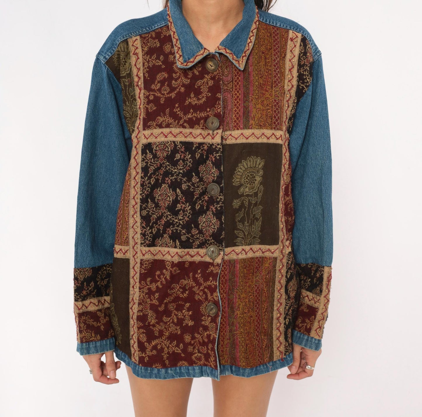 Y2K Units Woman Patchwork Denim Jacket Floral Tapestry Burgundy Extra Large XL