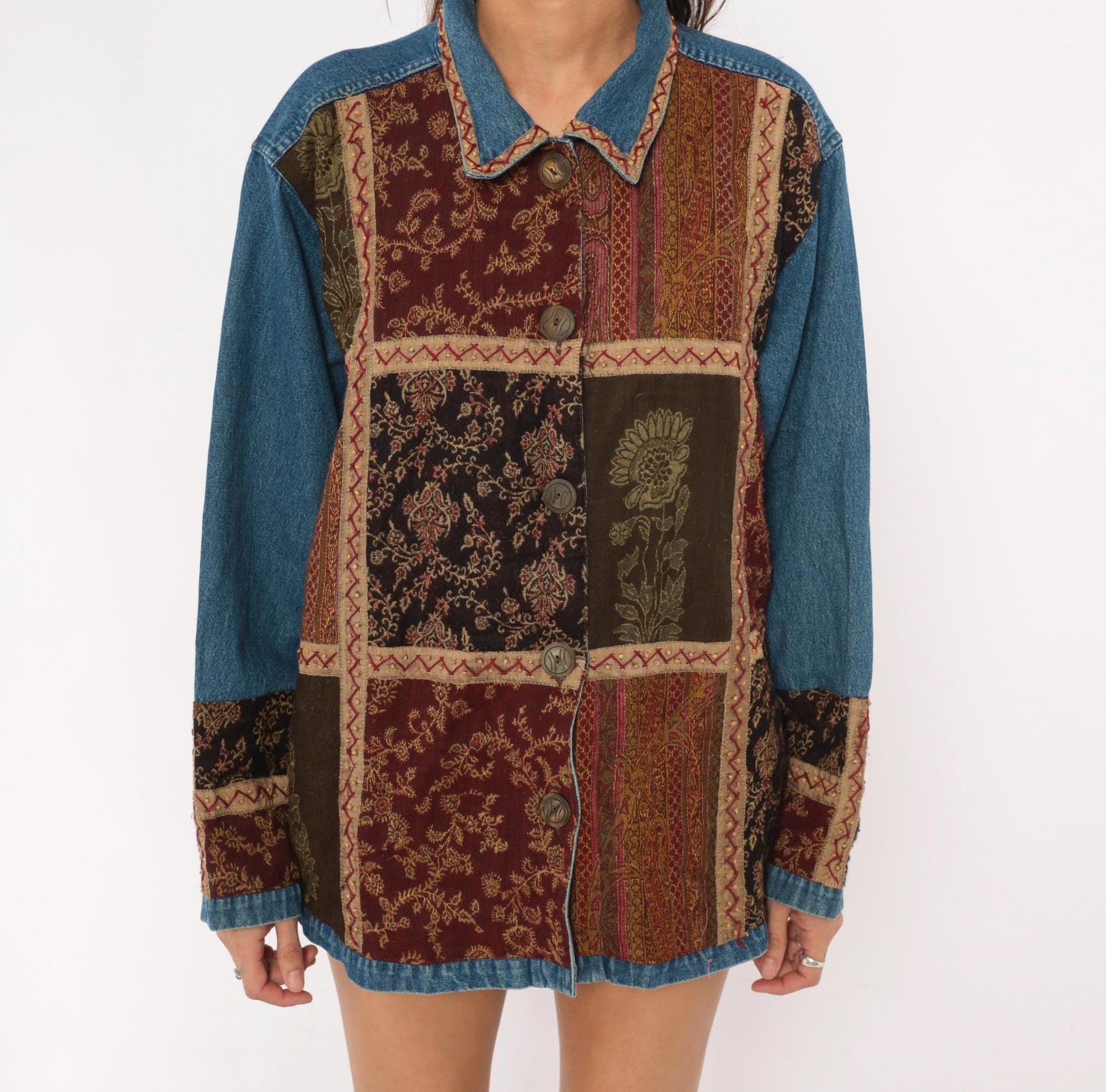 Y2K Units Woman Patchwork Denim Jacket Floral Tapestry Burgundy Extra Large XL