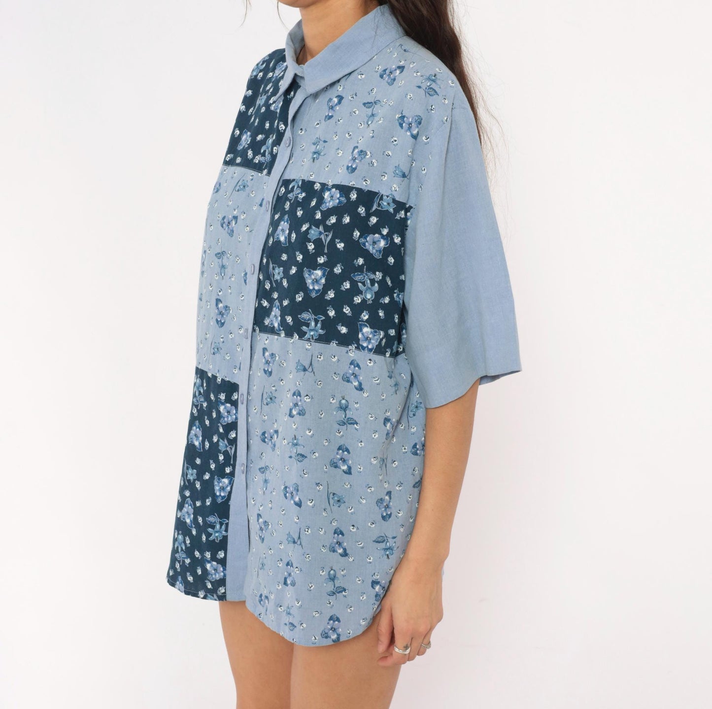 90s Tapestry Patchwork Floral Button-Up Shirt Blue Navy Cotton Blend Extra Large