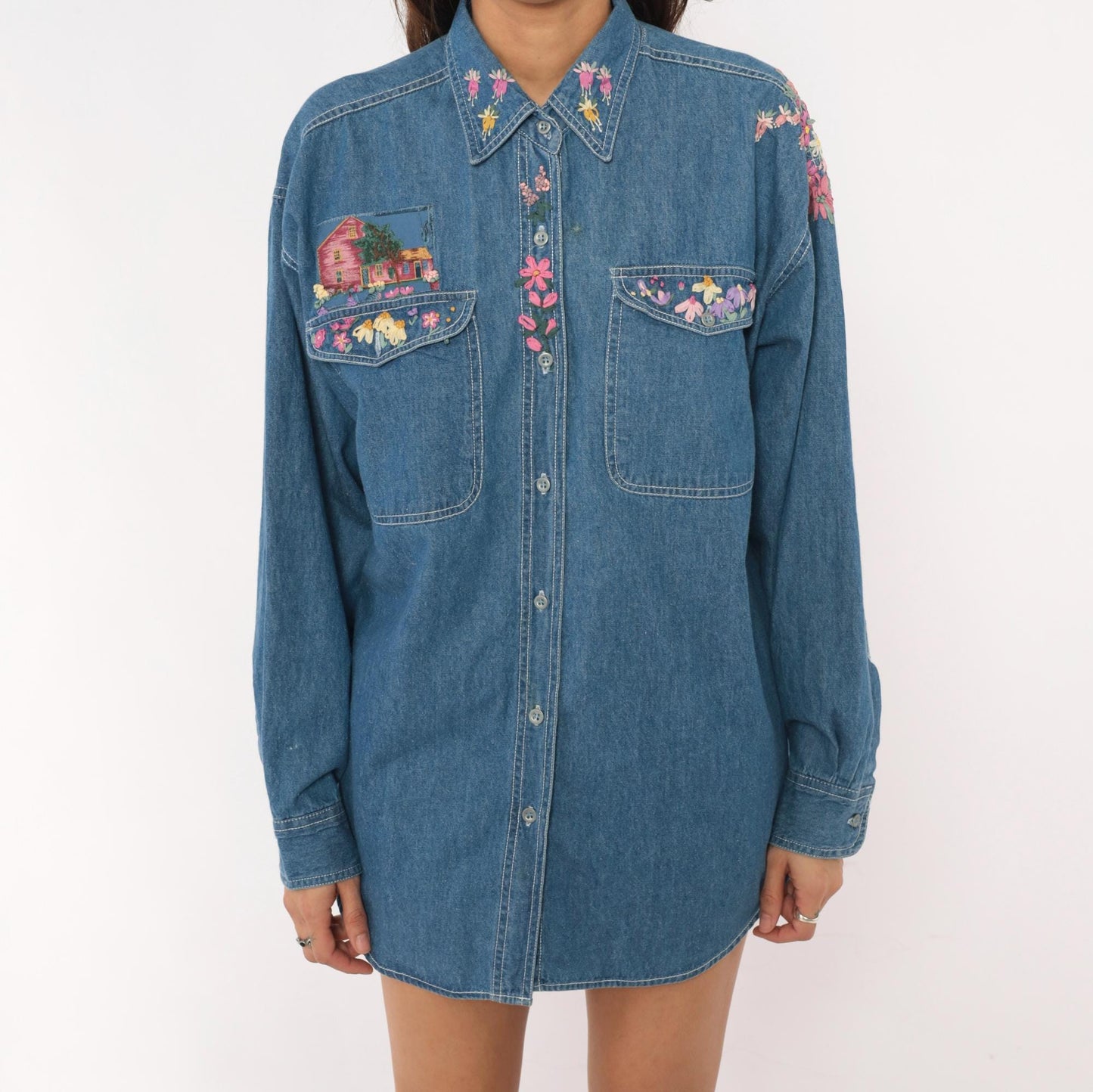 90s Short Circuit Blues Denim Shirt Hand-Painted Floral Garden Multicolor Large L