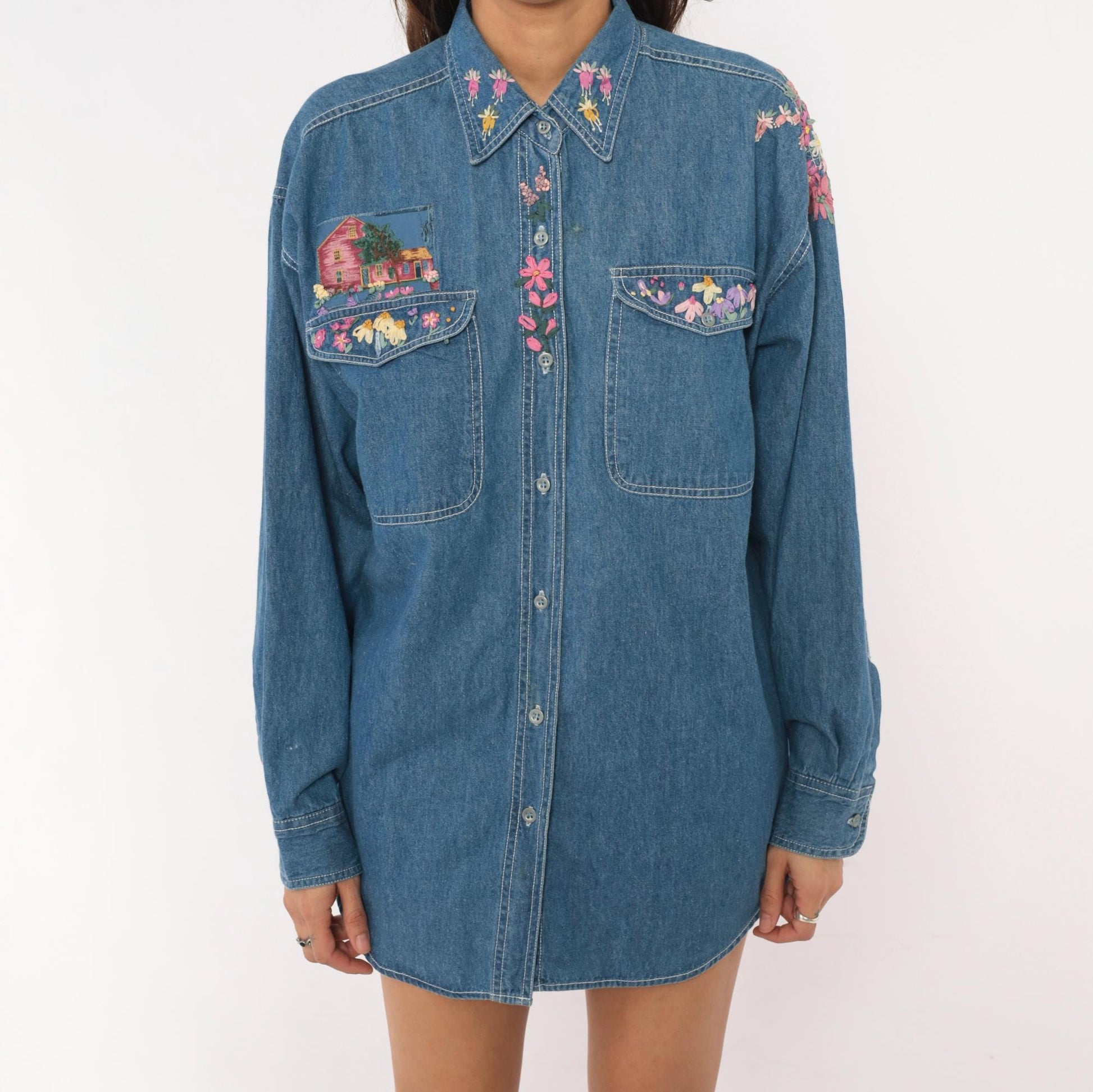 90s Short Circuit Blues Denim Shirt Hand-Painted Floral Garden Multicolor Large L