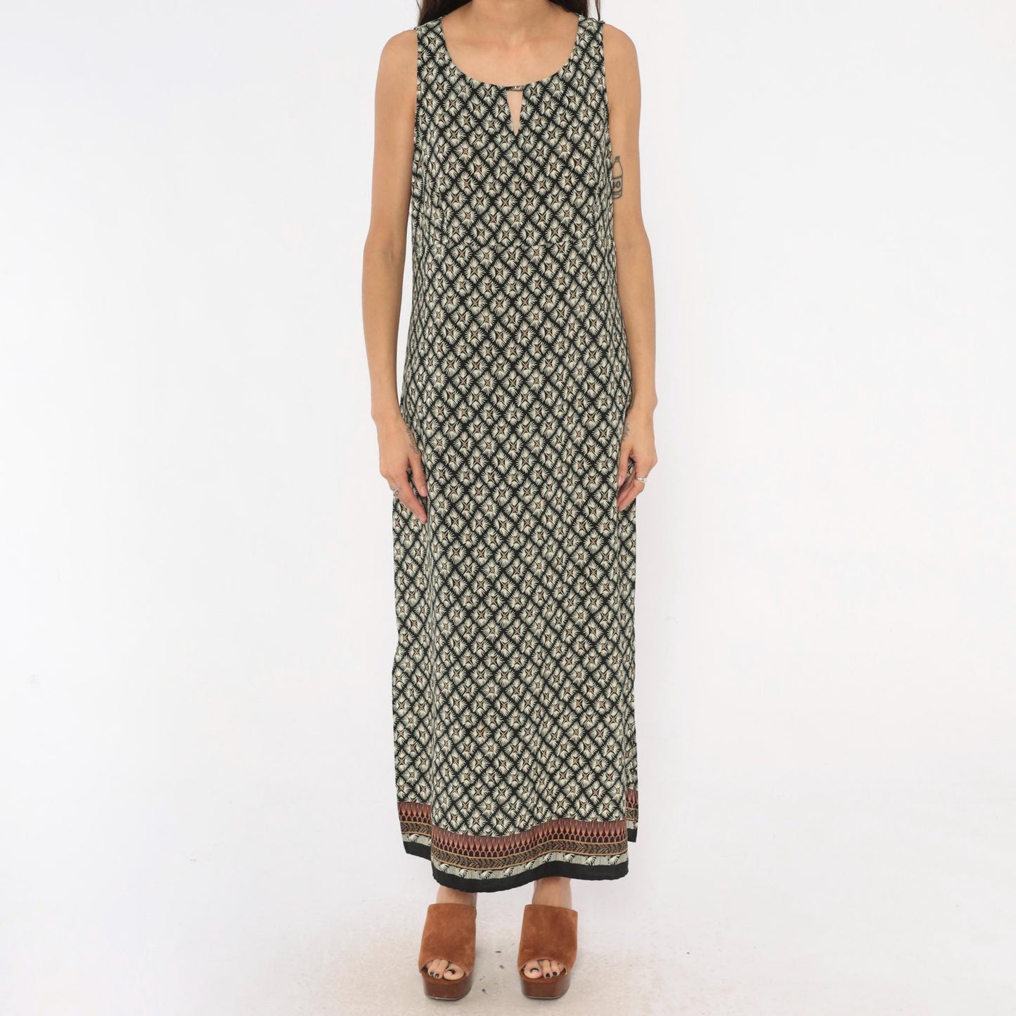 90s Dorée Collections Diamond Lattice Maxi Dress Black Cream Keyhole Large L