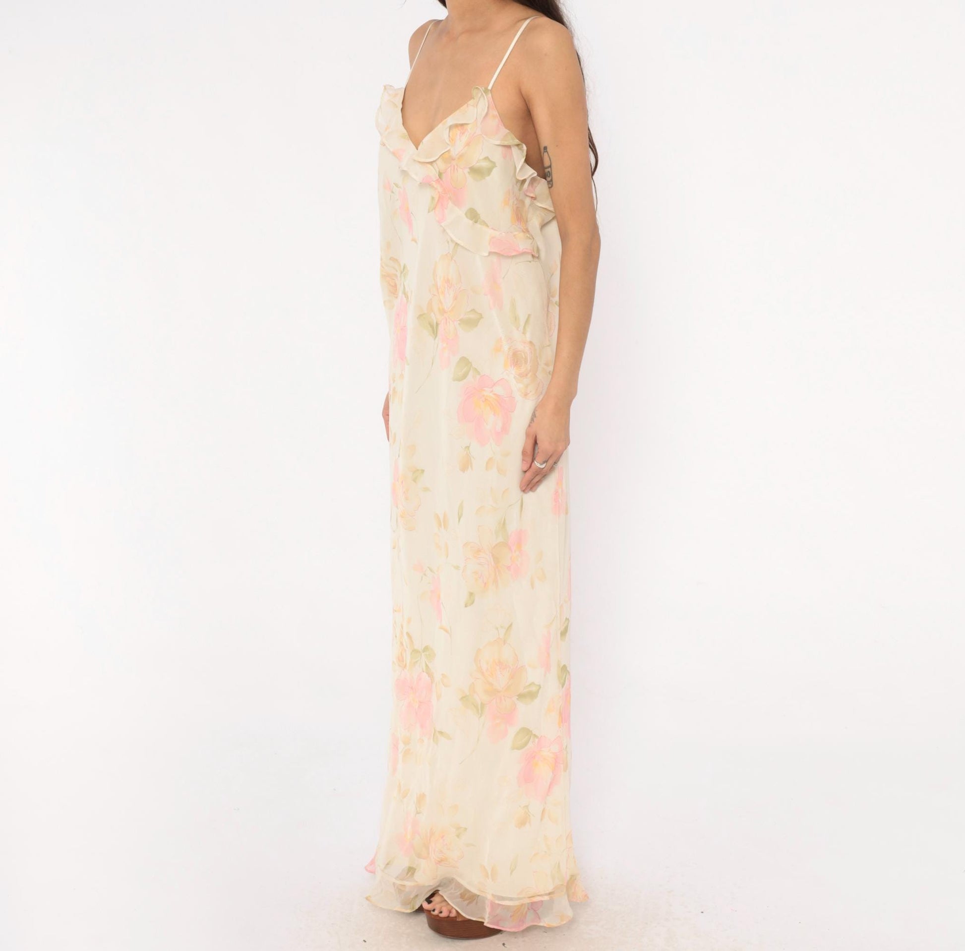 90s Valerie Stevens Floral Maxi Dress Cream Pink Chiffon V-Neck Extra Large XL