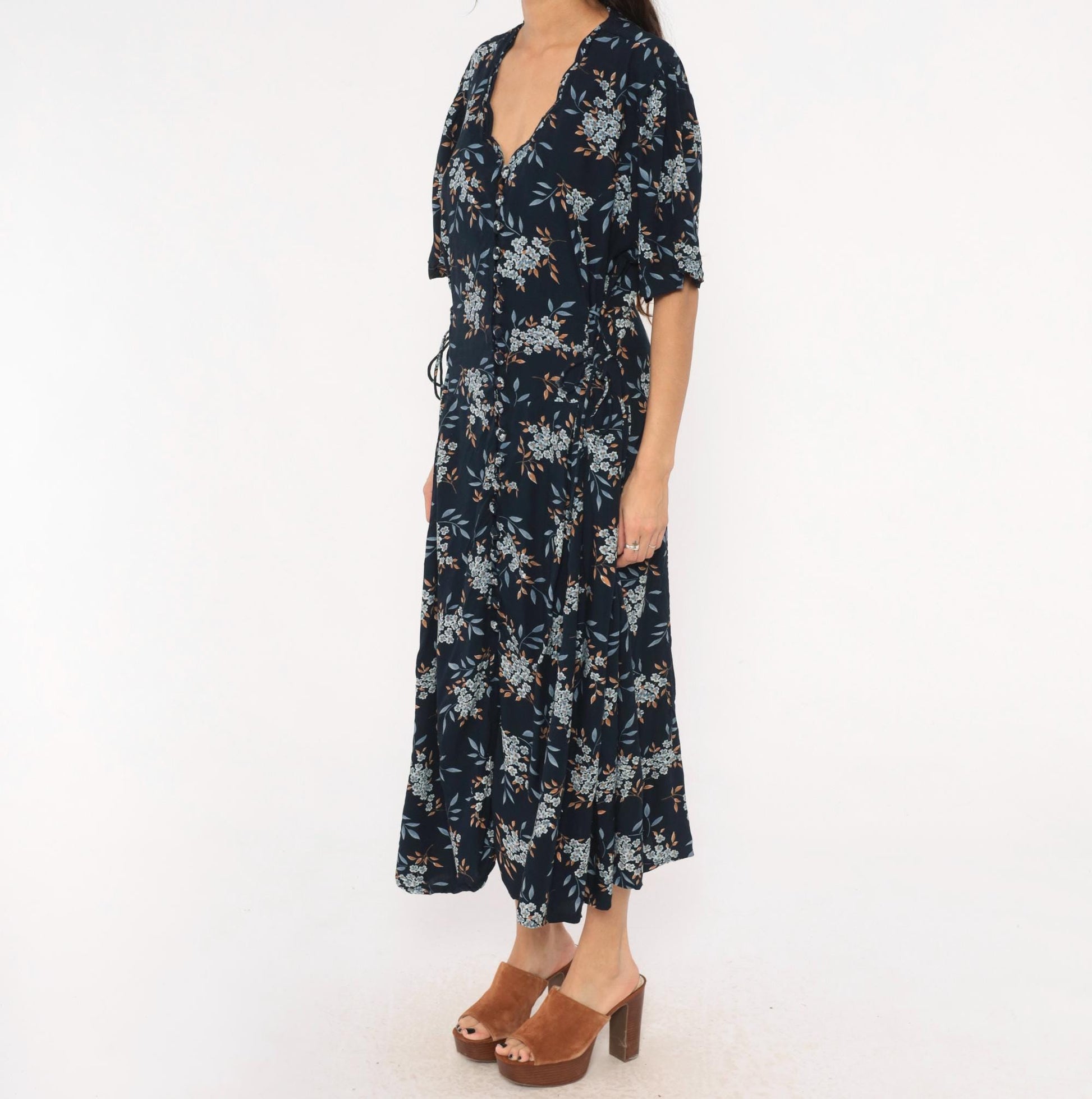 90s Jamie Brooke Floral Midi Dress Navy Blue Tie Waist Plus Size 20W