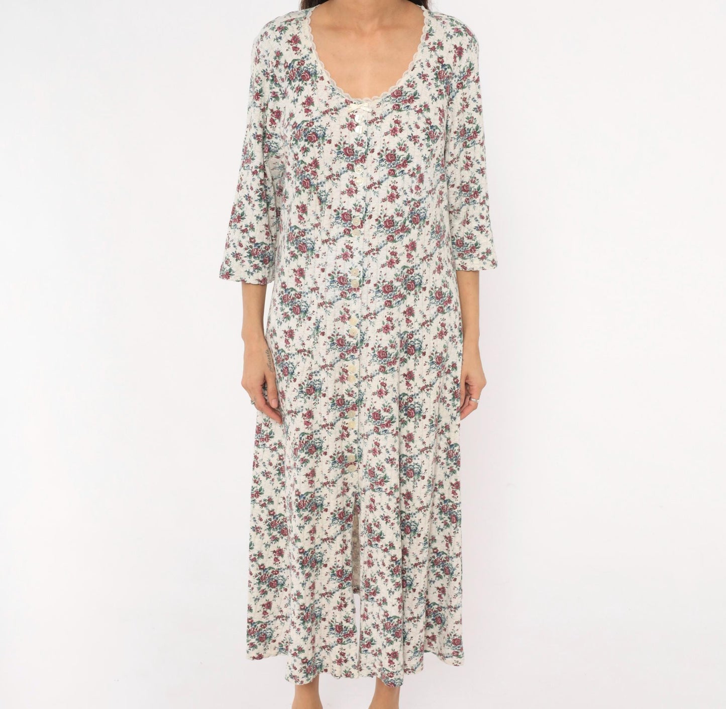 90s More En Focus Floral Midi Dress Bell Sleeve White Burgundy Large L