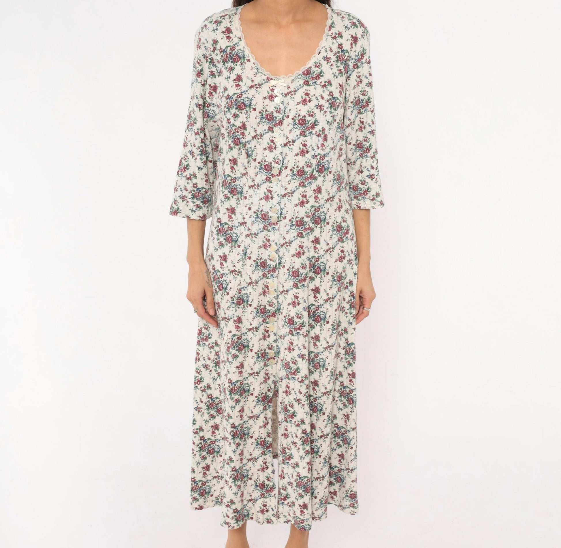 90s More En Focus Floral Midi Dress Bell Sleeve White Burgundy Large L