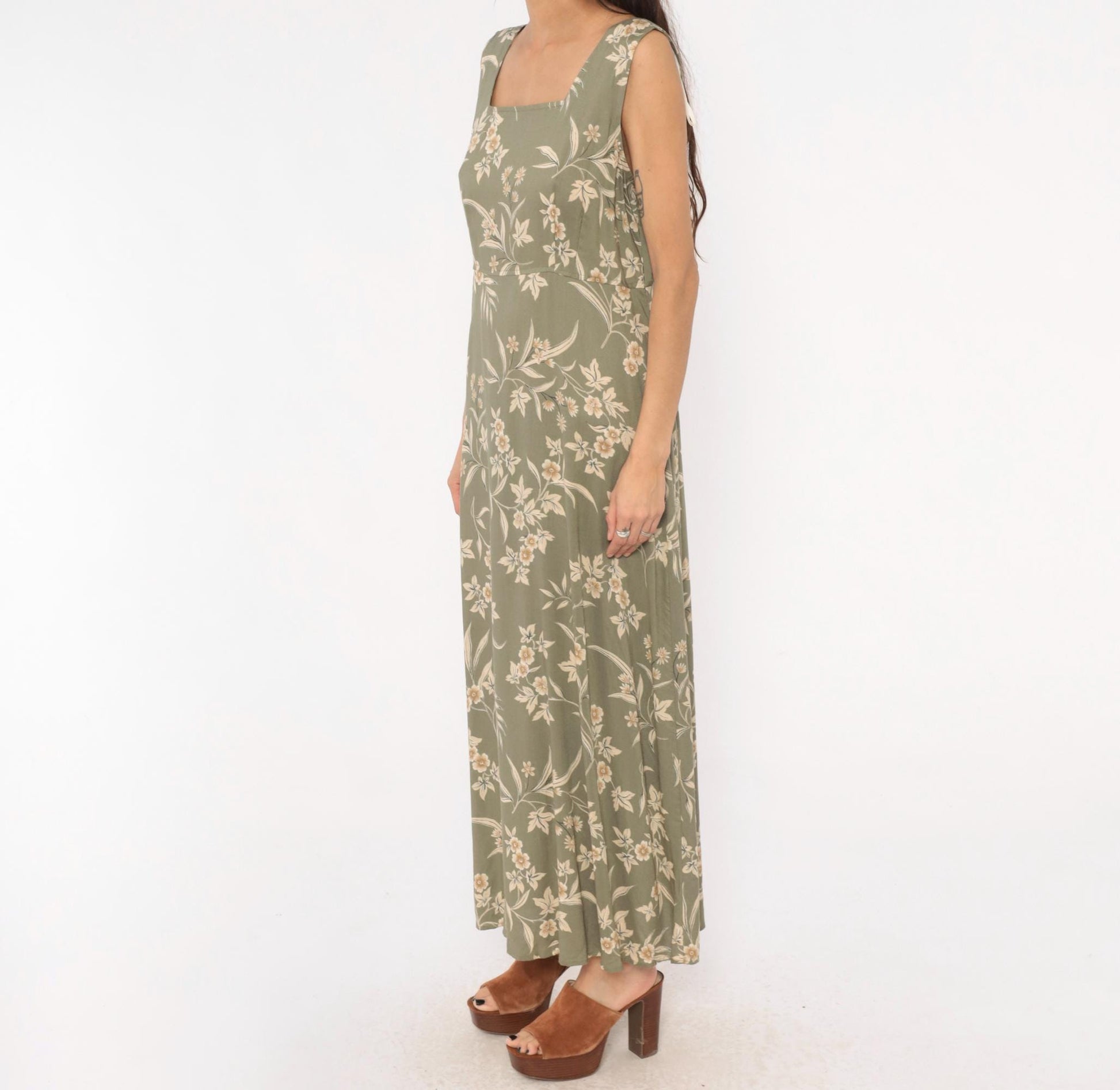 90s Kathie Lee Olive Floral Maxi Dress Cream Botanical Fitted Waist Large L