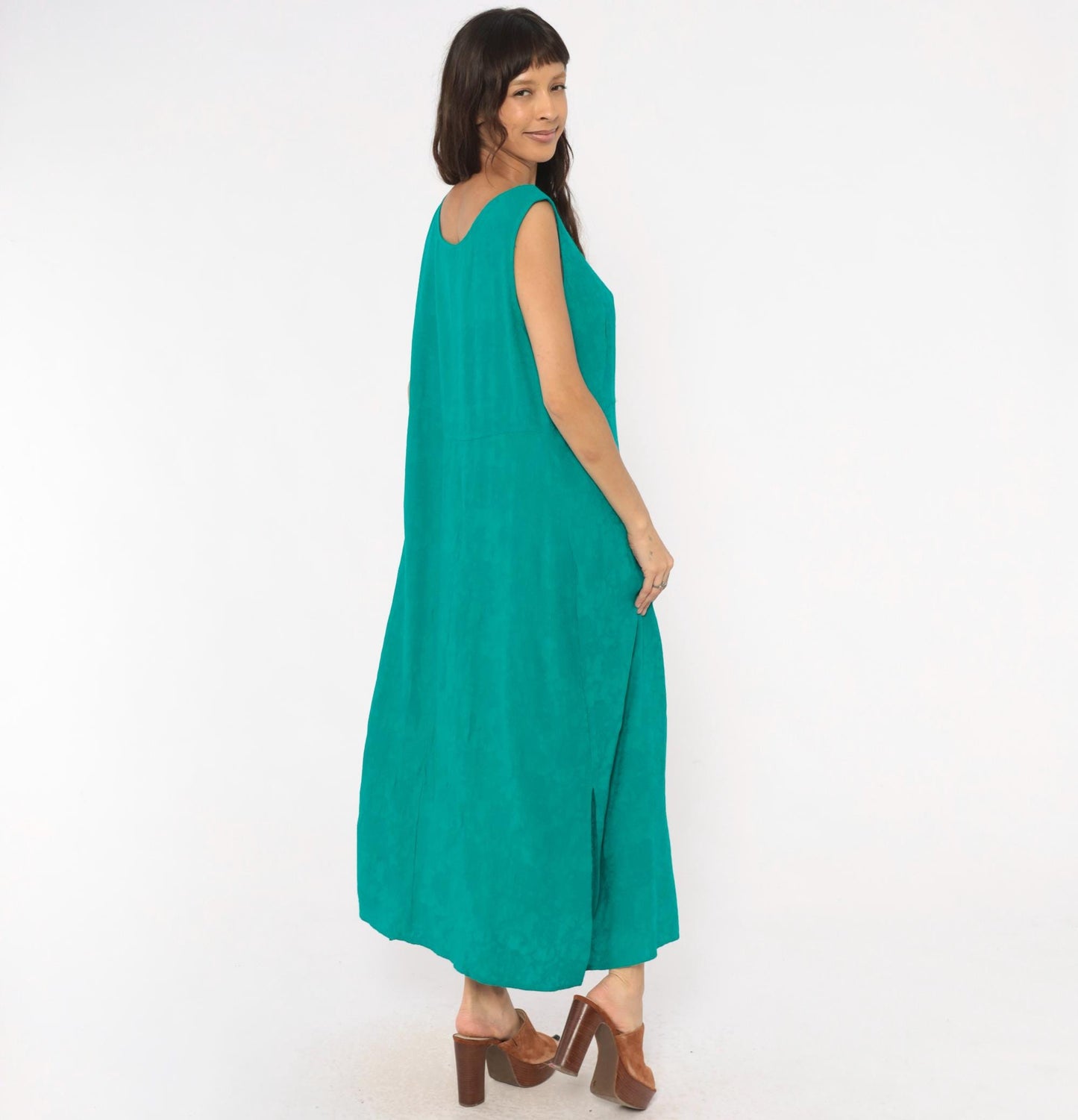 90s Karin Stevens Teal Maxi Dress Sleeveless Empire Waist Ankle Length Large L