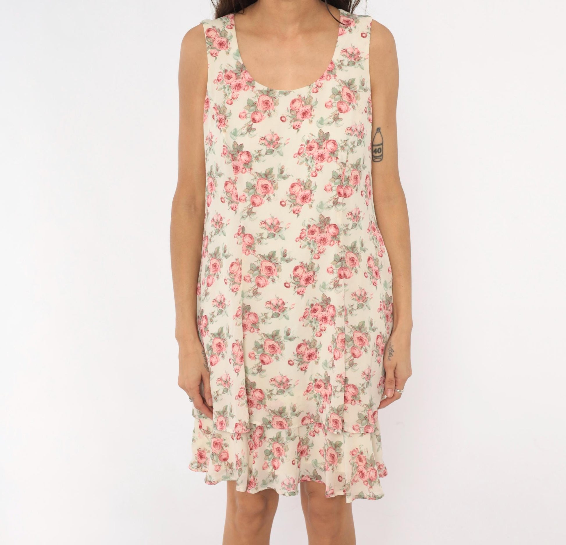 90s All That Jazz Rose Floral Sundress Cream Pink Scoop Neck Medium M