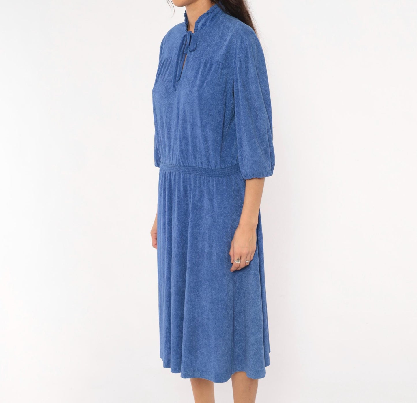 1970s Cobalt Terry Cloth Dress Tie Neck Puff Sleeve Flared Midi Large L