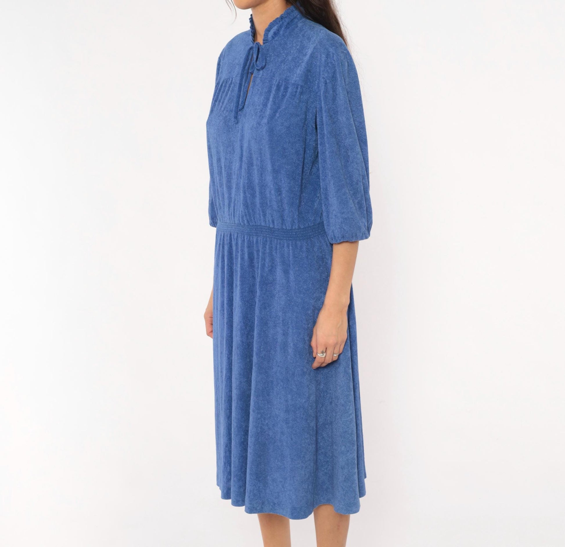 1970s Cobalt Terry Cloth Dress Tie Neck Puff Sleeve Flared Midi Large L