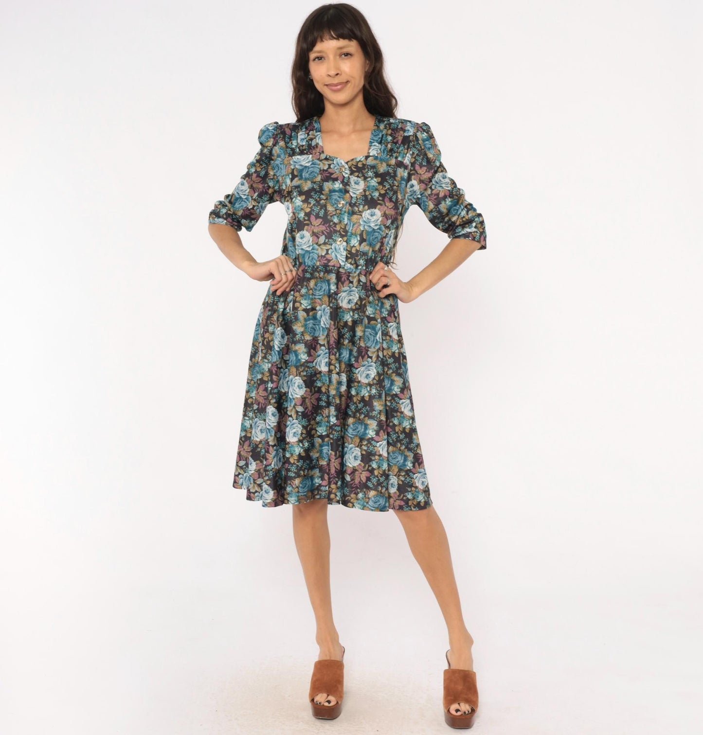 80s Rose Floral Button-Front Dress Blue Sweetheart Puff Sleeve Midi Large L