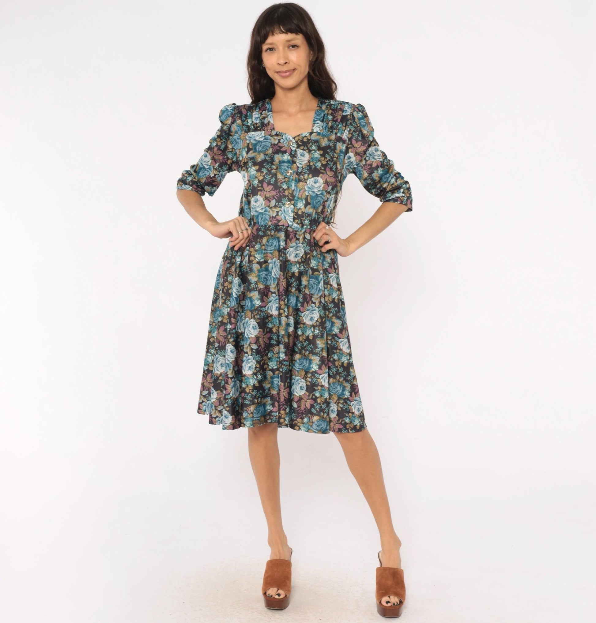 80s Rose Floral Button-Front Dress Blue Sweetheart Puff Sleeve Midi Large L