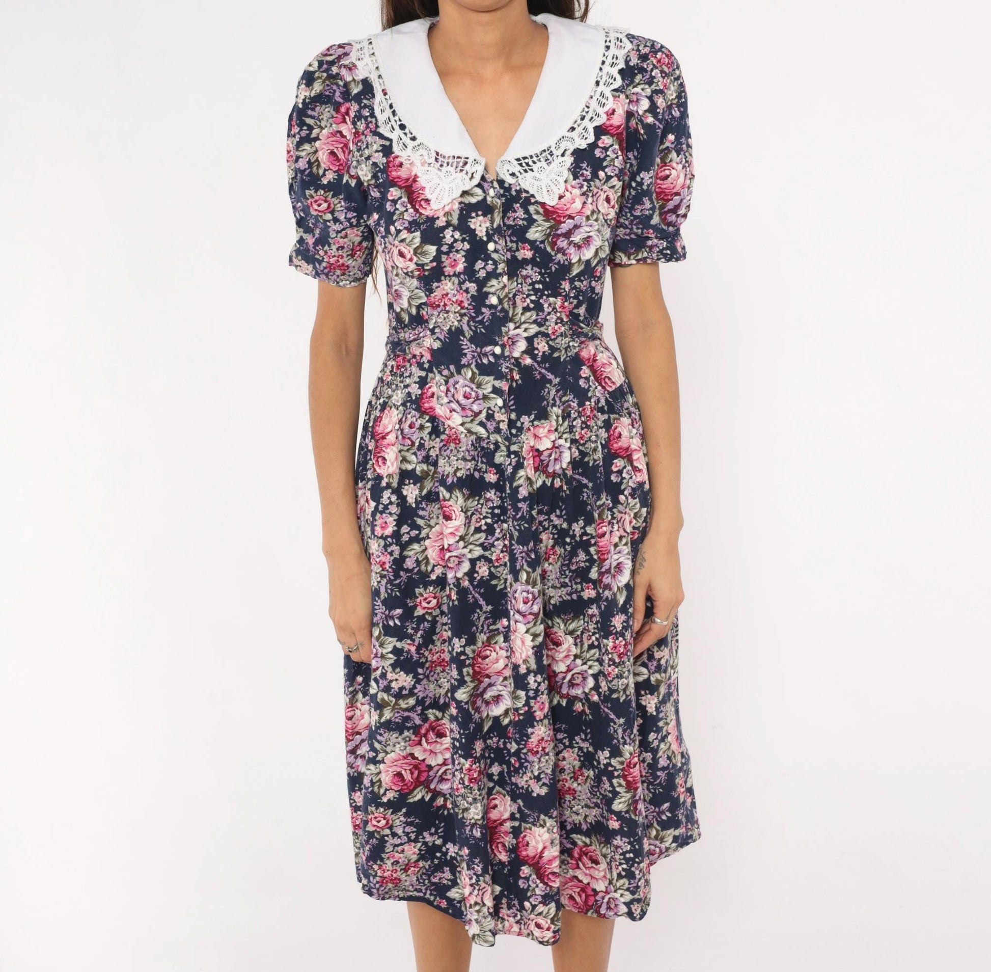 90s Especially Yours Navy Floral Midi Dress Lace Collar Puff Sleeve Medium M