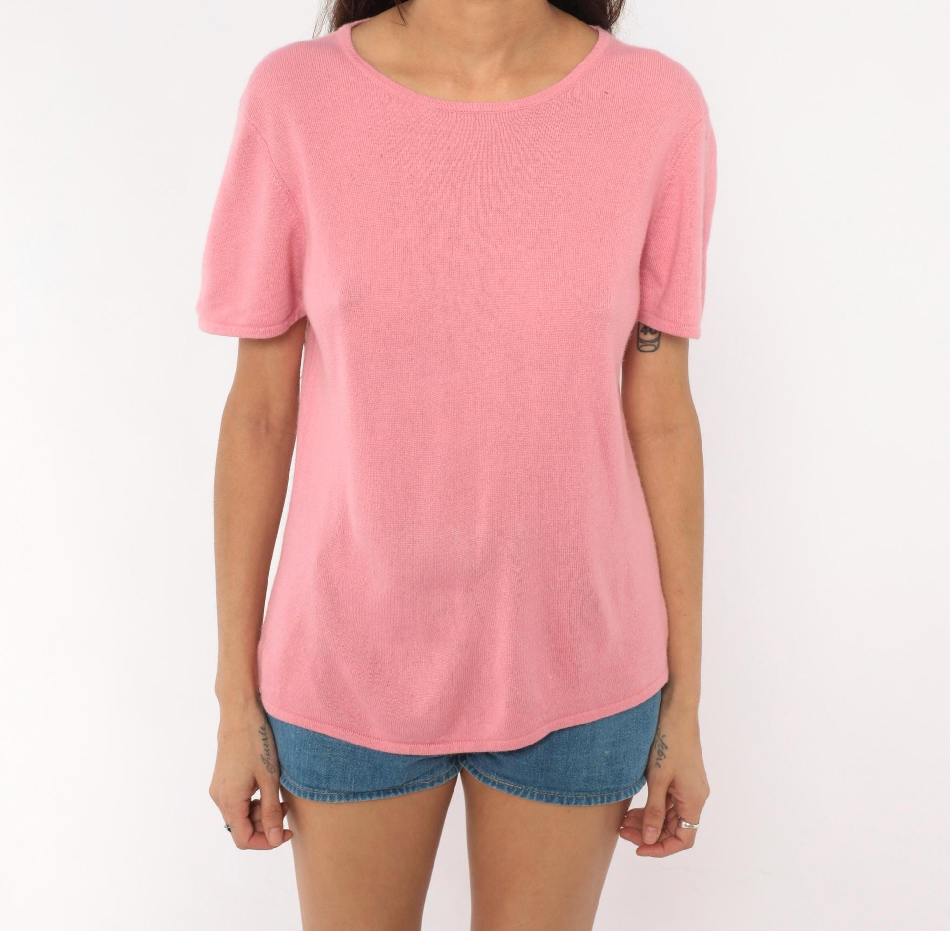 Y2K Rose Silk Cashmere Knit Tee Pink Scoop Neck Short Sleeve Large L