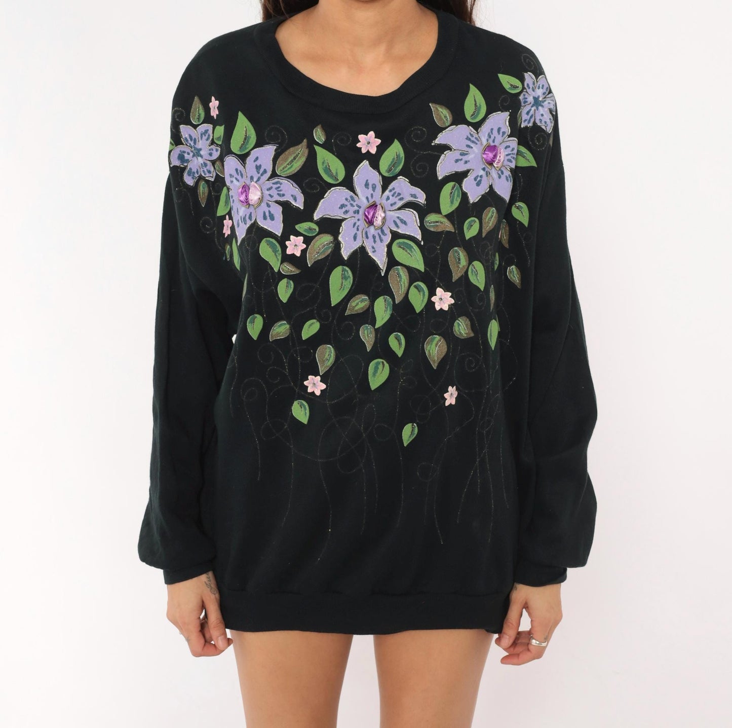 90s Cristin Stevens Floral Sweatshirt Black Purple Lily Jeweled Crewneck Large L