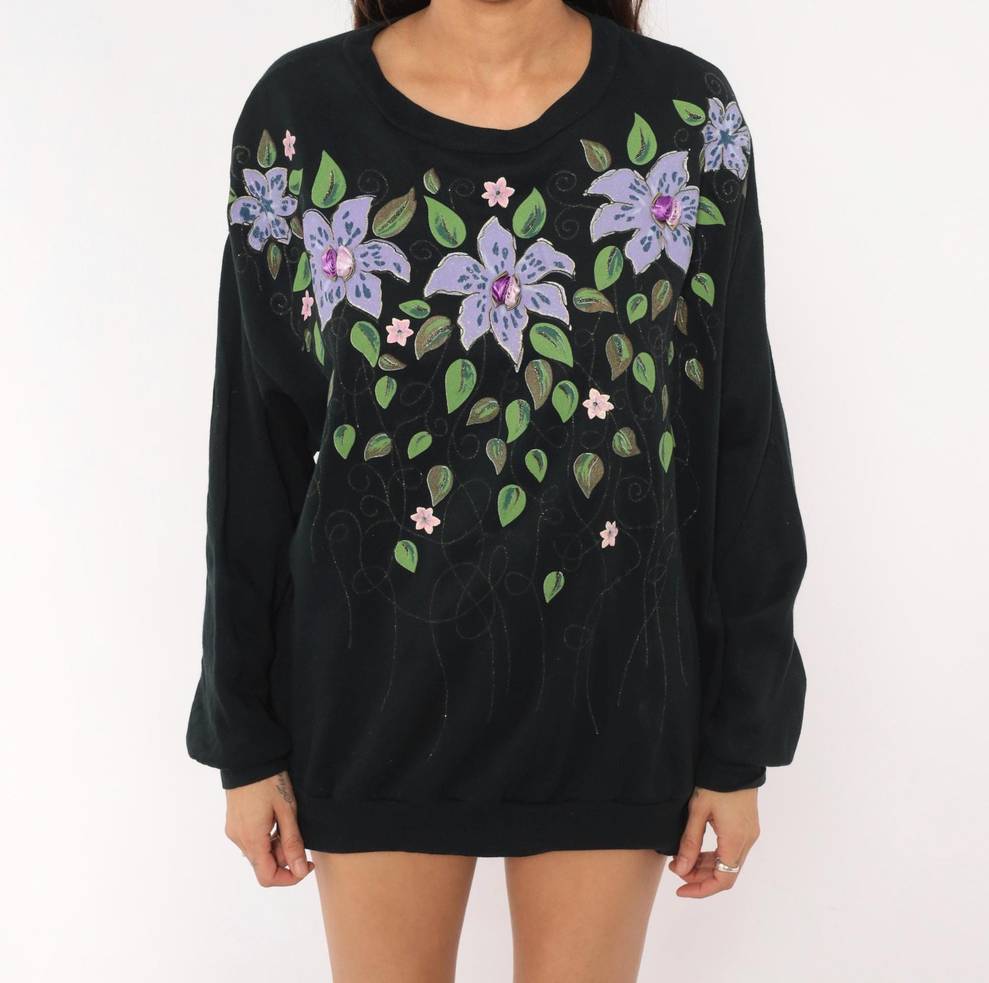 90s Cristin Stevens Floral Sweatshirt Black Purple Lily Jeweled Crewneck Large L