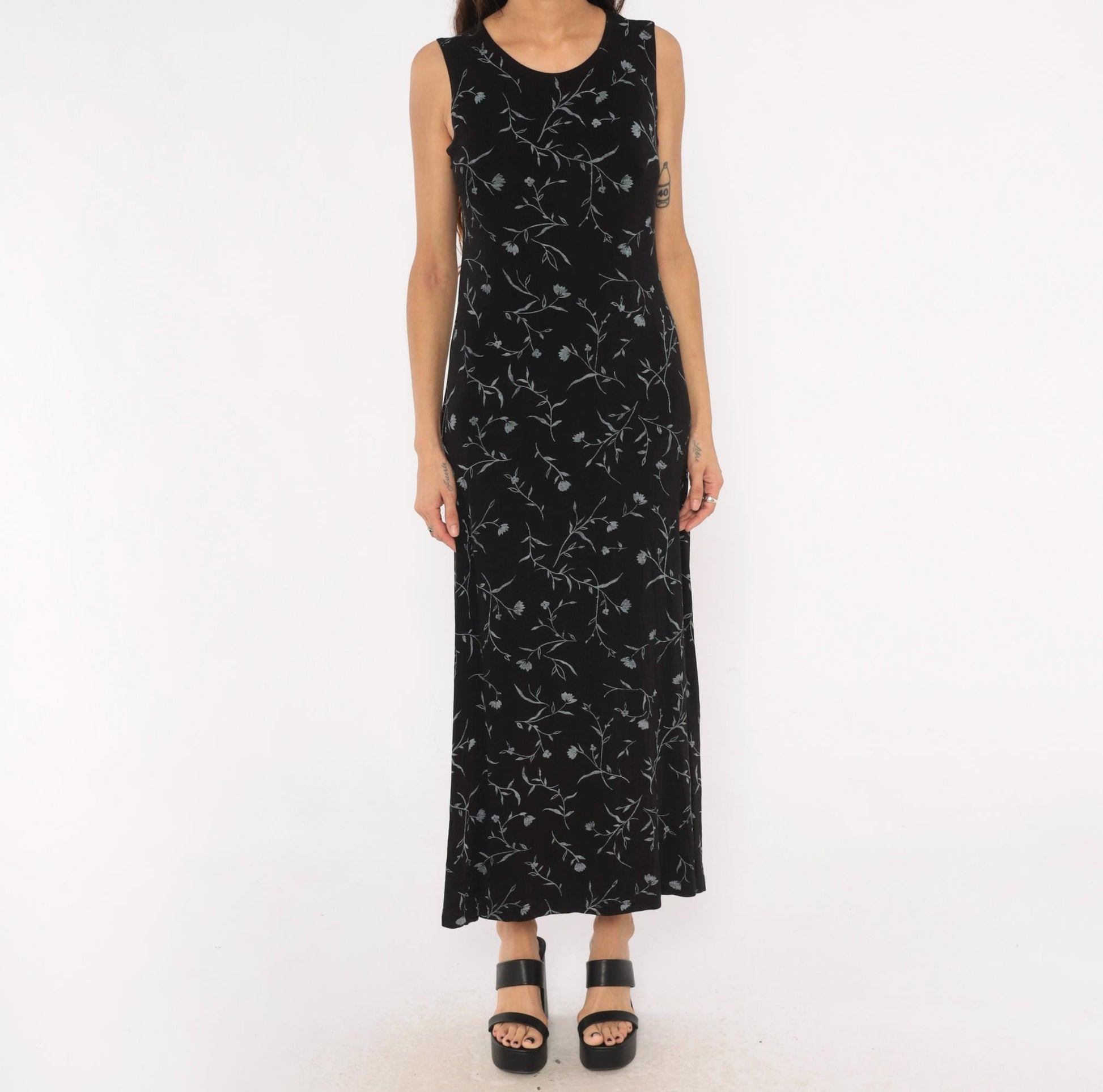 90s Ronni Nicole Black Floral Maxi Dress Grey Vine Print Sleeveless Large L