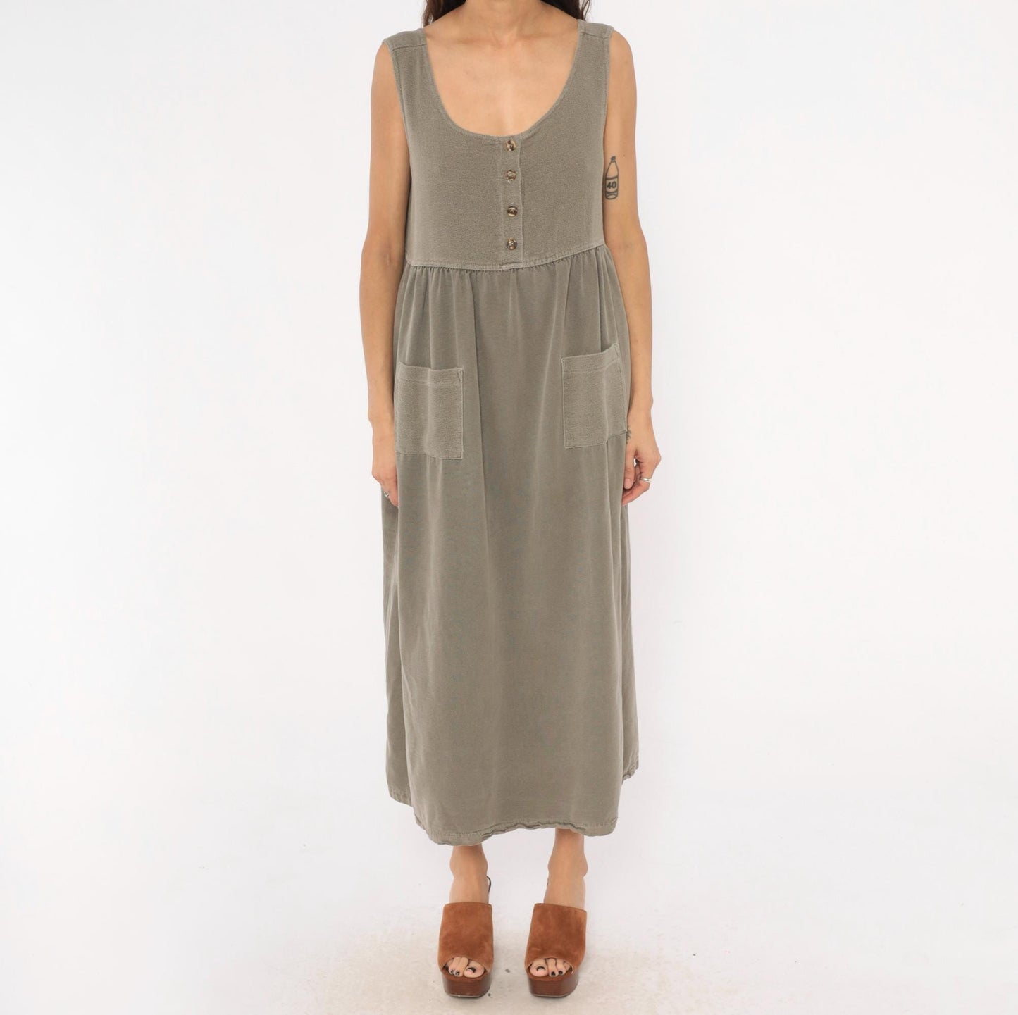 90s Cotton Stuff Classics Maxi Dress Grey Sleeveless Button Front Large L